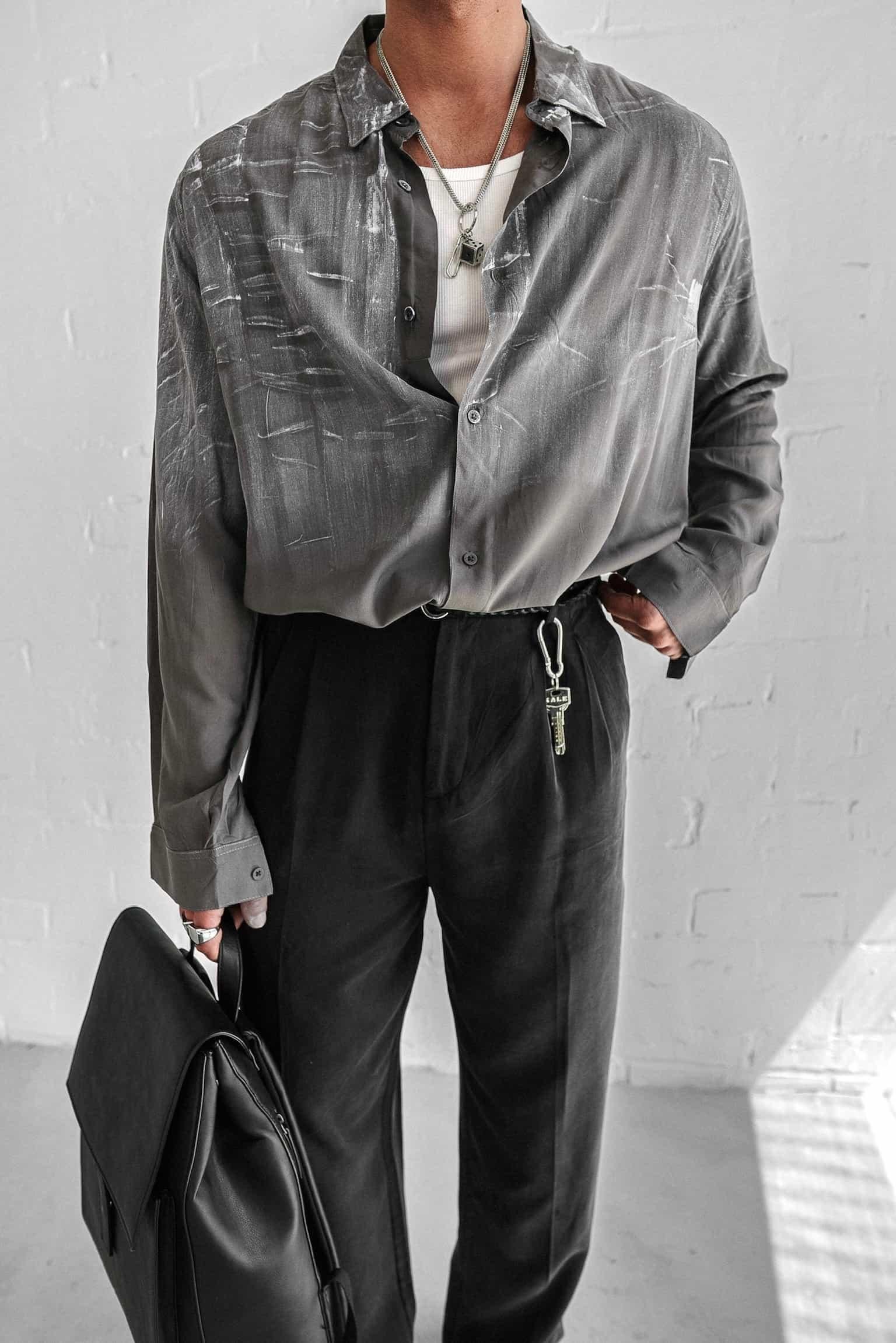 Erkek Uzun Kollu Desenli Oversize Gömlek Antrasit