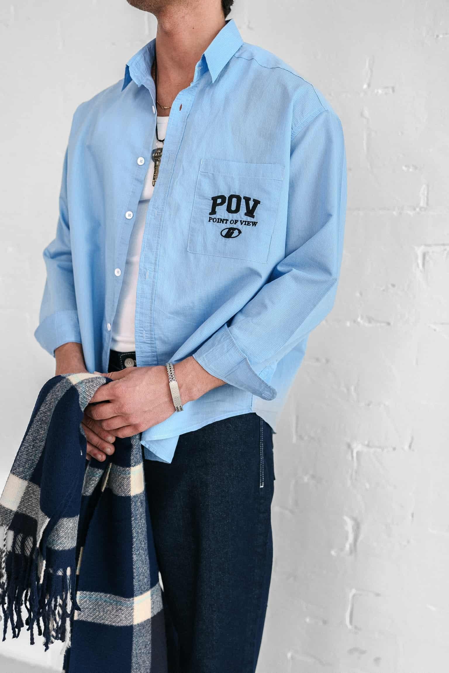 Erkek Uzun Kollu Nakiş İşlemeli Oversize Gömlek Mavi