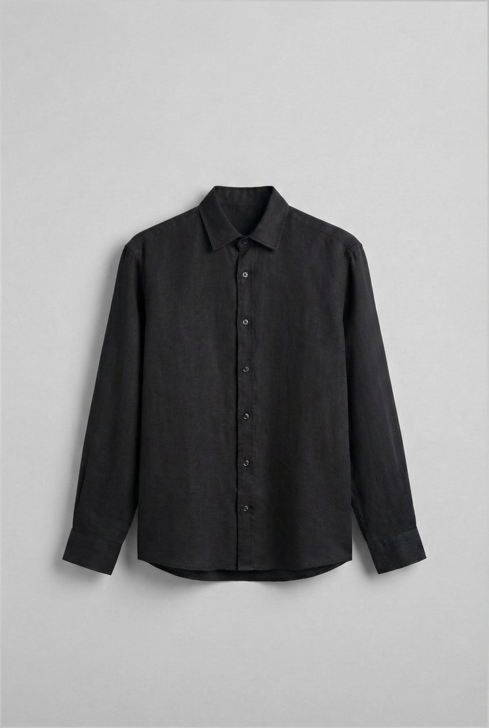 Erkek Uzun Kollu Regular Fit %100 Keten Gömlek Siyah