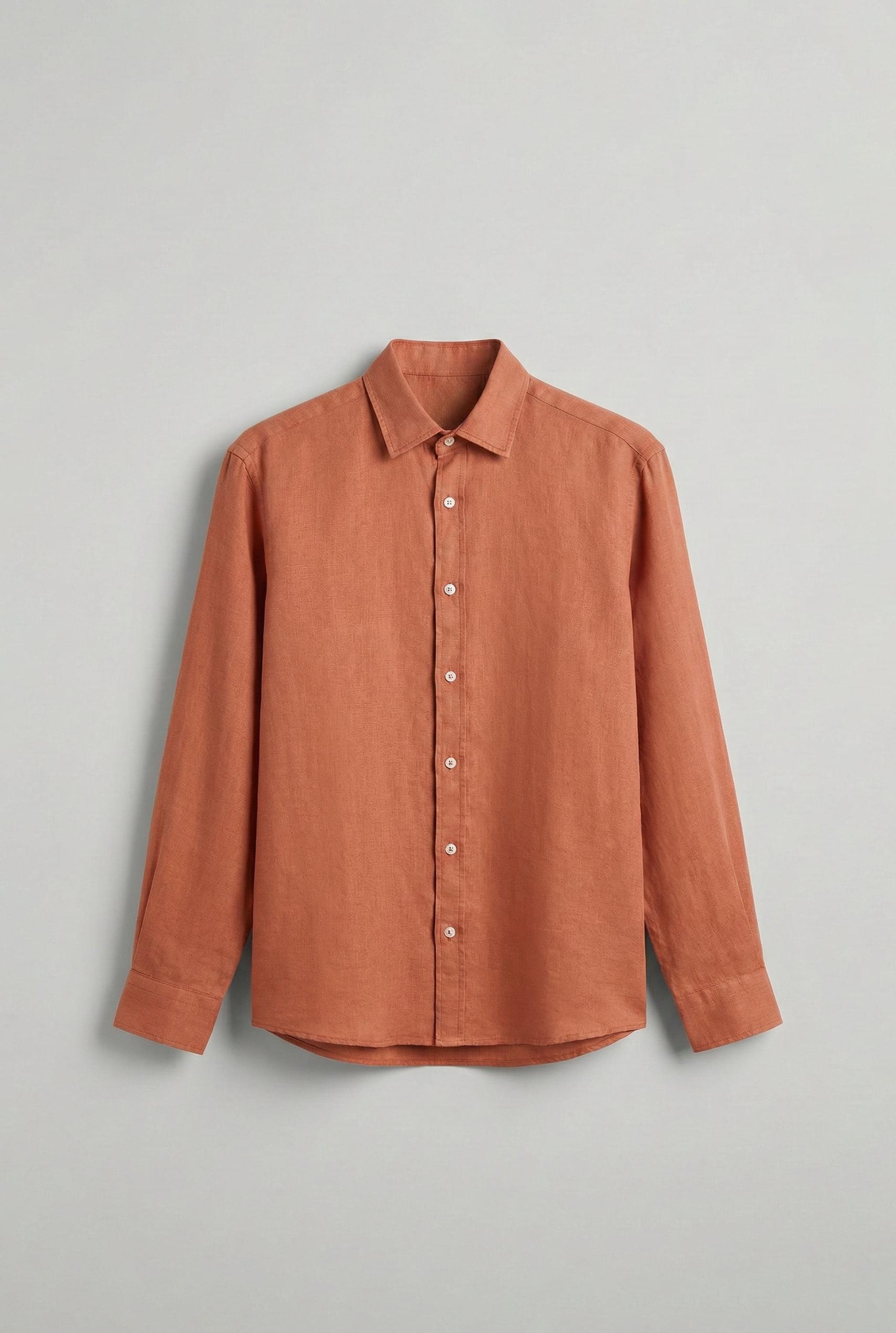 Erkek Uzun Kollu Regular Fit %100 Keten Gömlek Turuncu