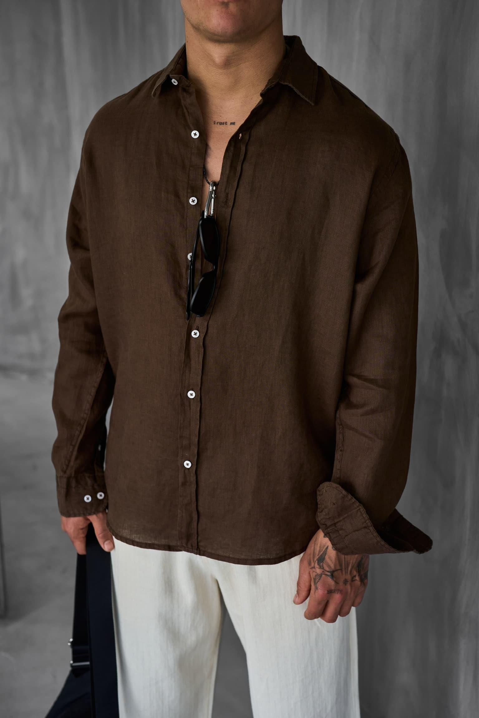 Erkek Uzun Kollu Regular Fit %100 Keten Gömlek Kahverengi