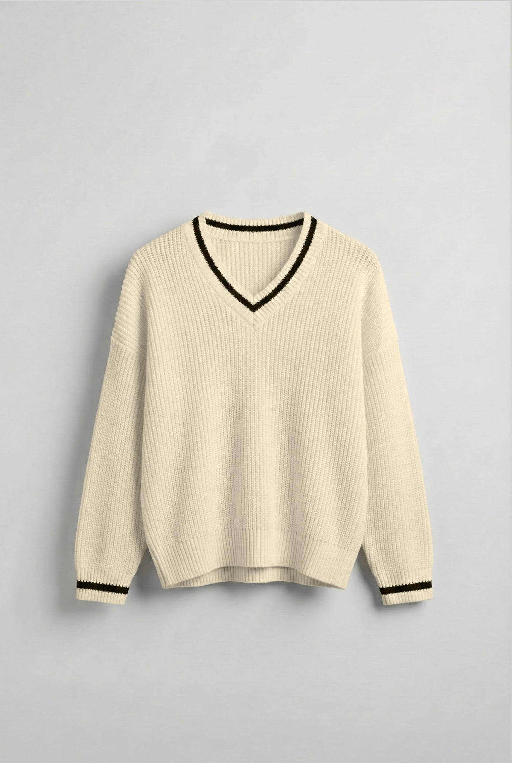 Erkek V Yaka Oversize Kontrast Detaylı Kazak Bej