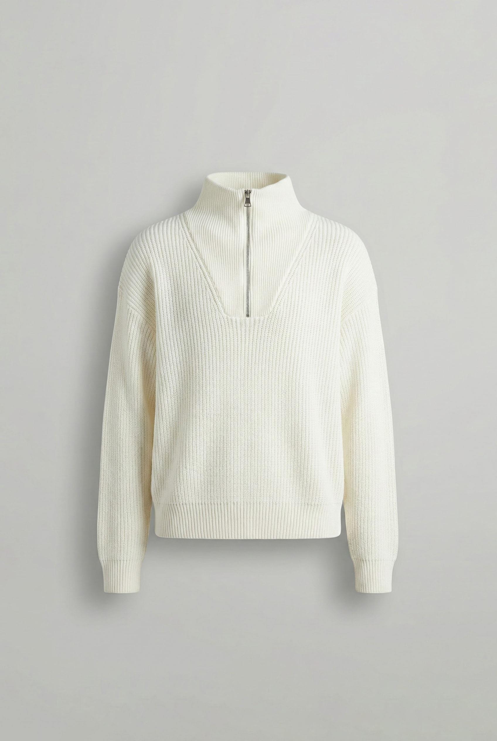 Erkek Yarım Fermuarlı Örme Kazak Ekru