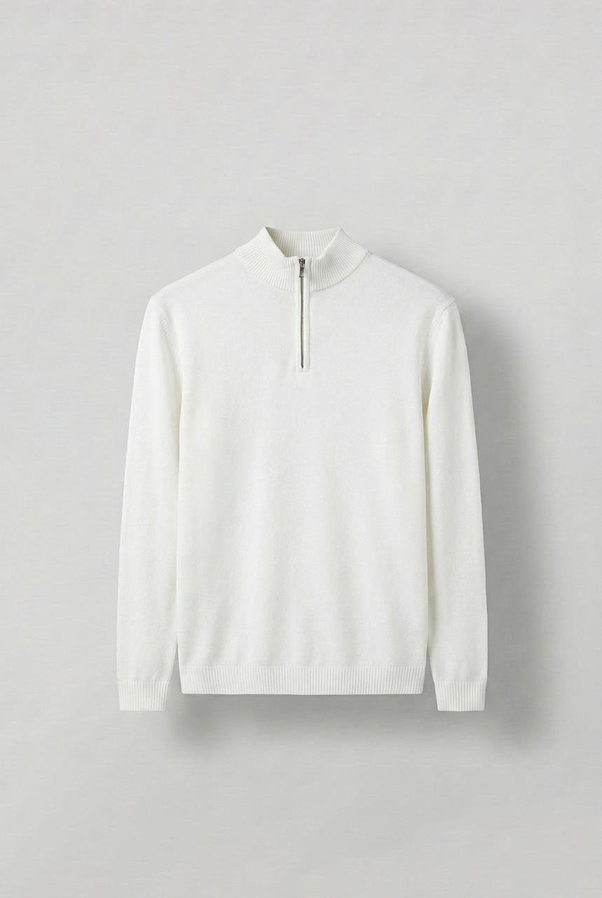 Erkek Yarım Fermuarlı Polo Yaka Kazak Ekru