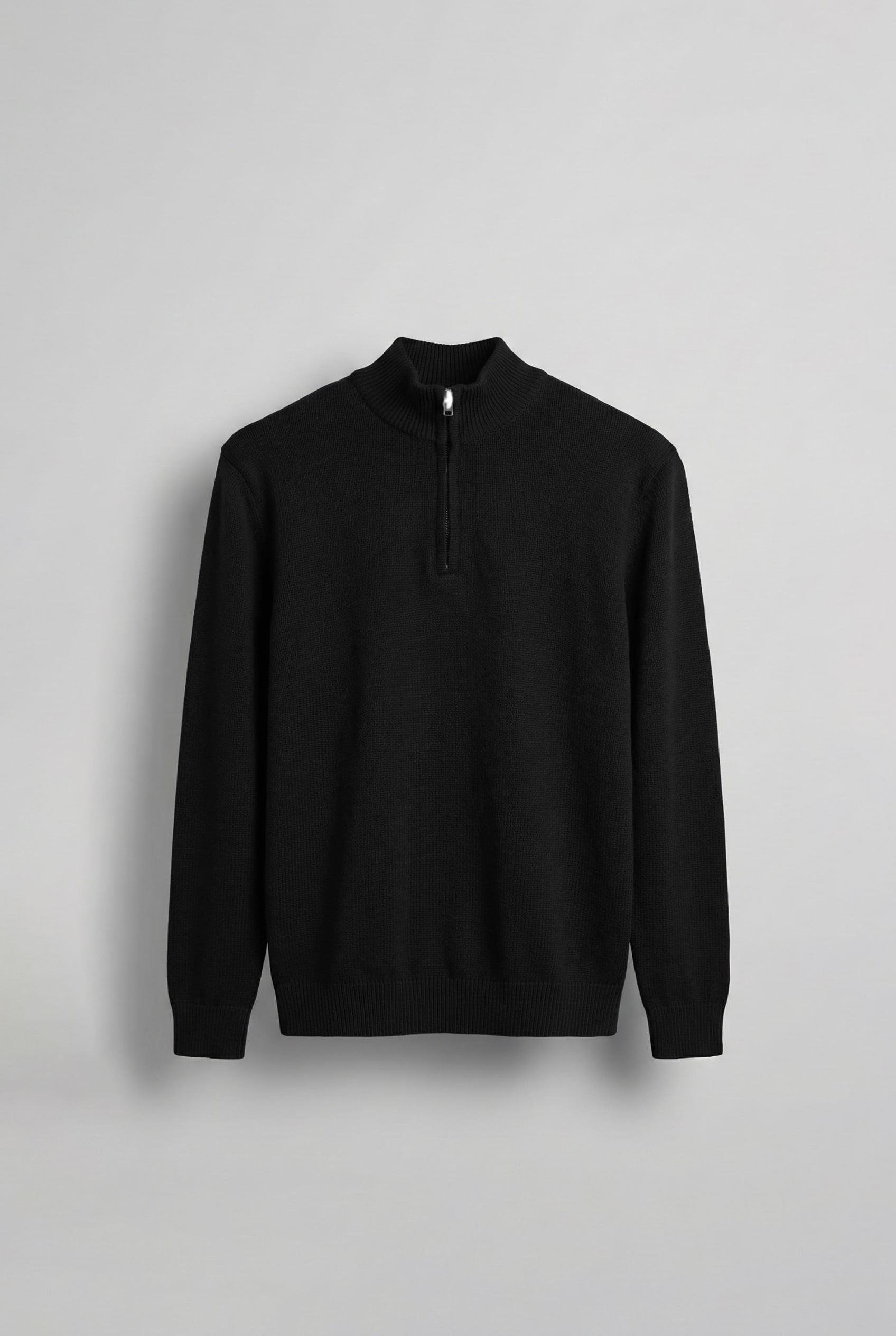 Erkek Yarım Fermuarlı Polo Yaka Kazak Siyah