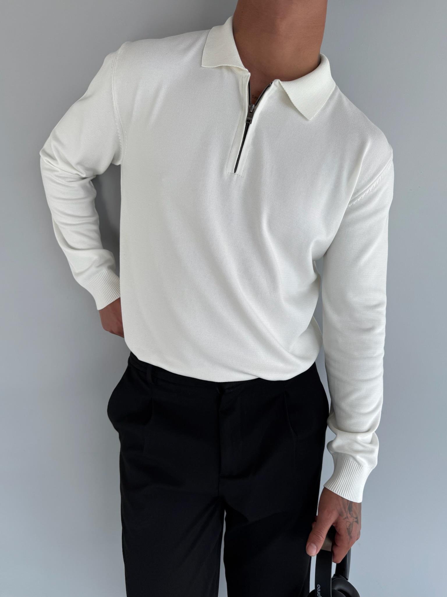 Erkek Yarım Fermuarlı Polo Yaka Triko Kazak Ekru
