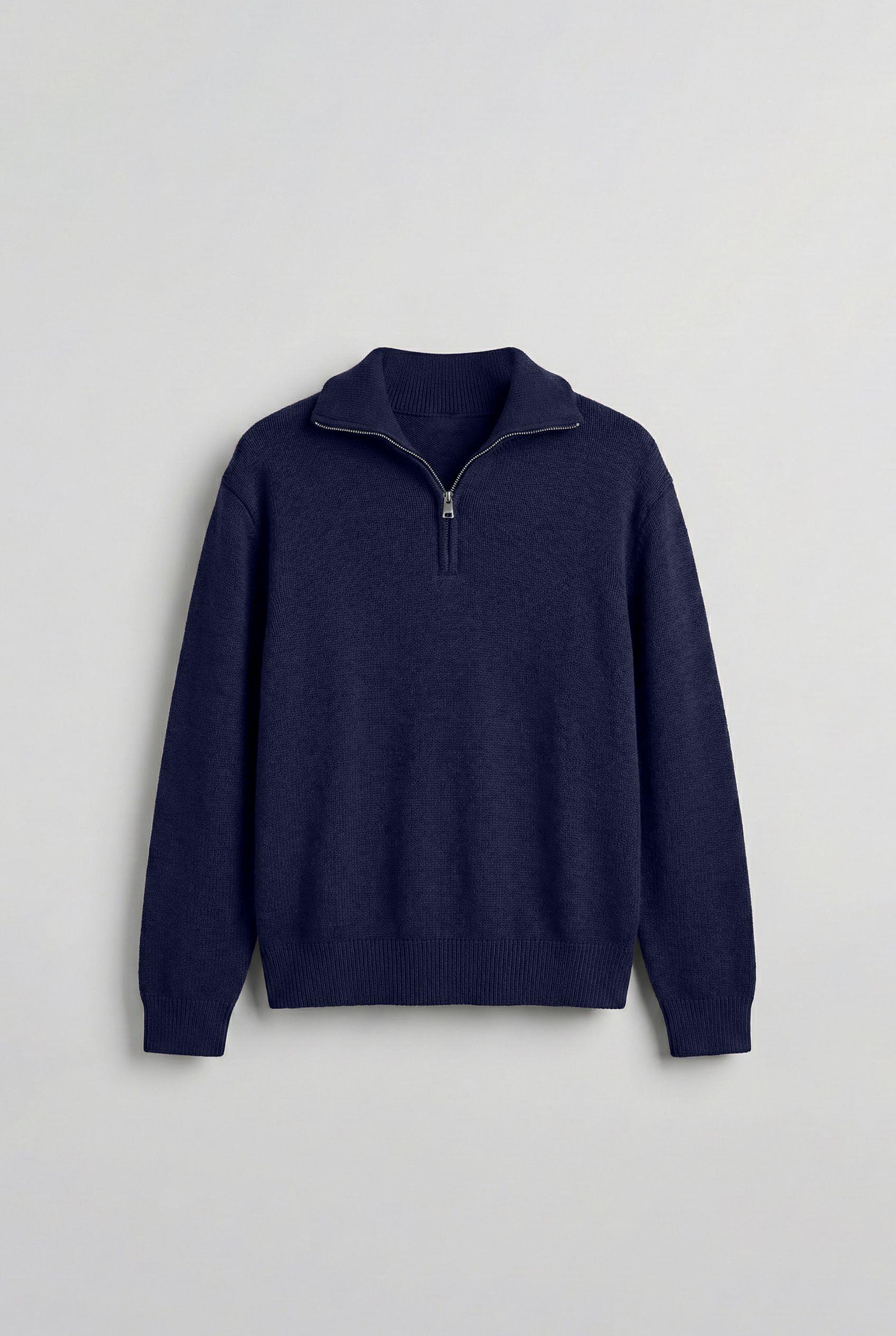 Erkek Yarım Fermuarlı Premium Kumaş Oversize Kazak Lacivert