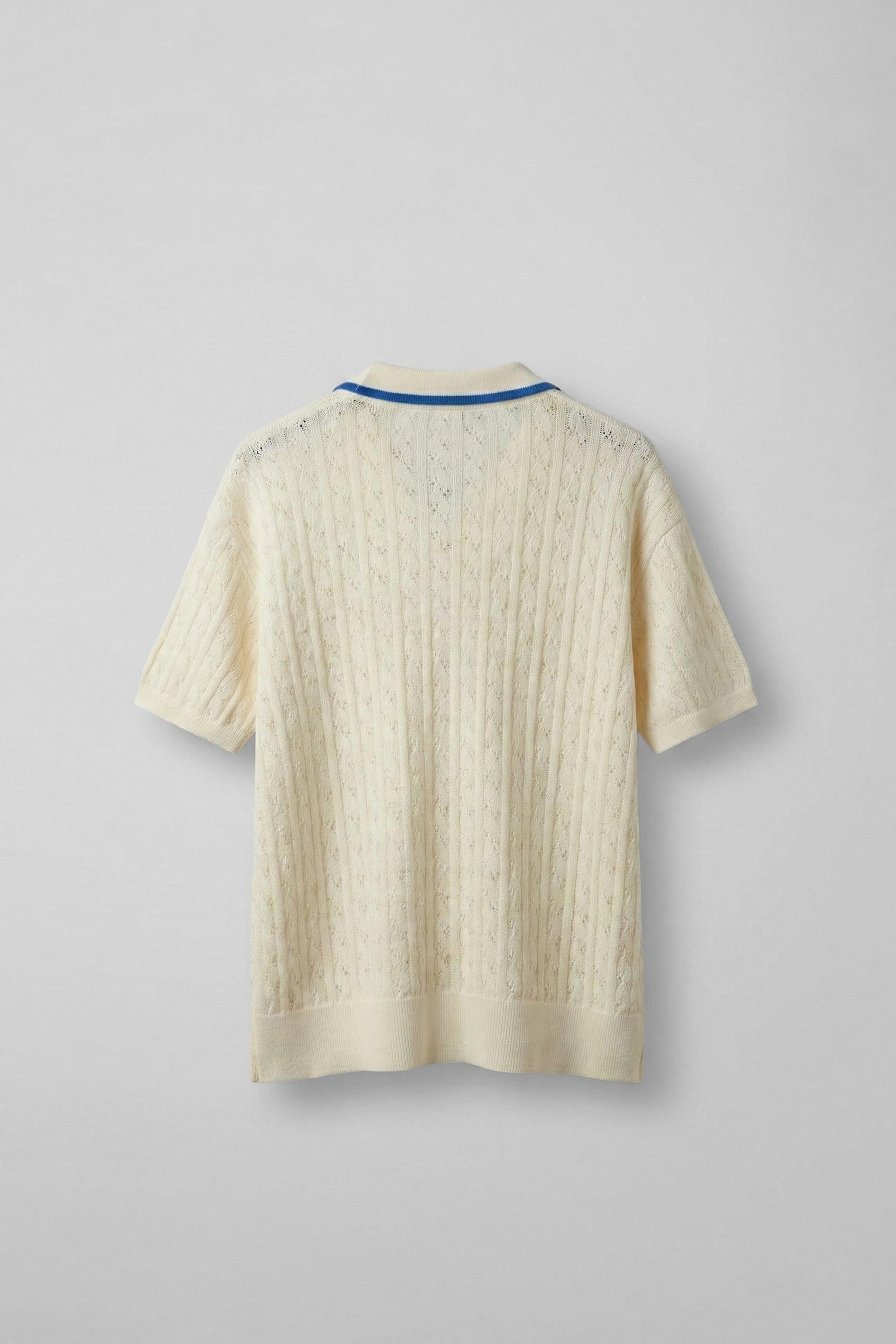 Erkek Yarım Pat V Yaka Desenli Triko T-Shirt Krem Mavi · 2