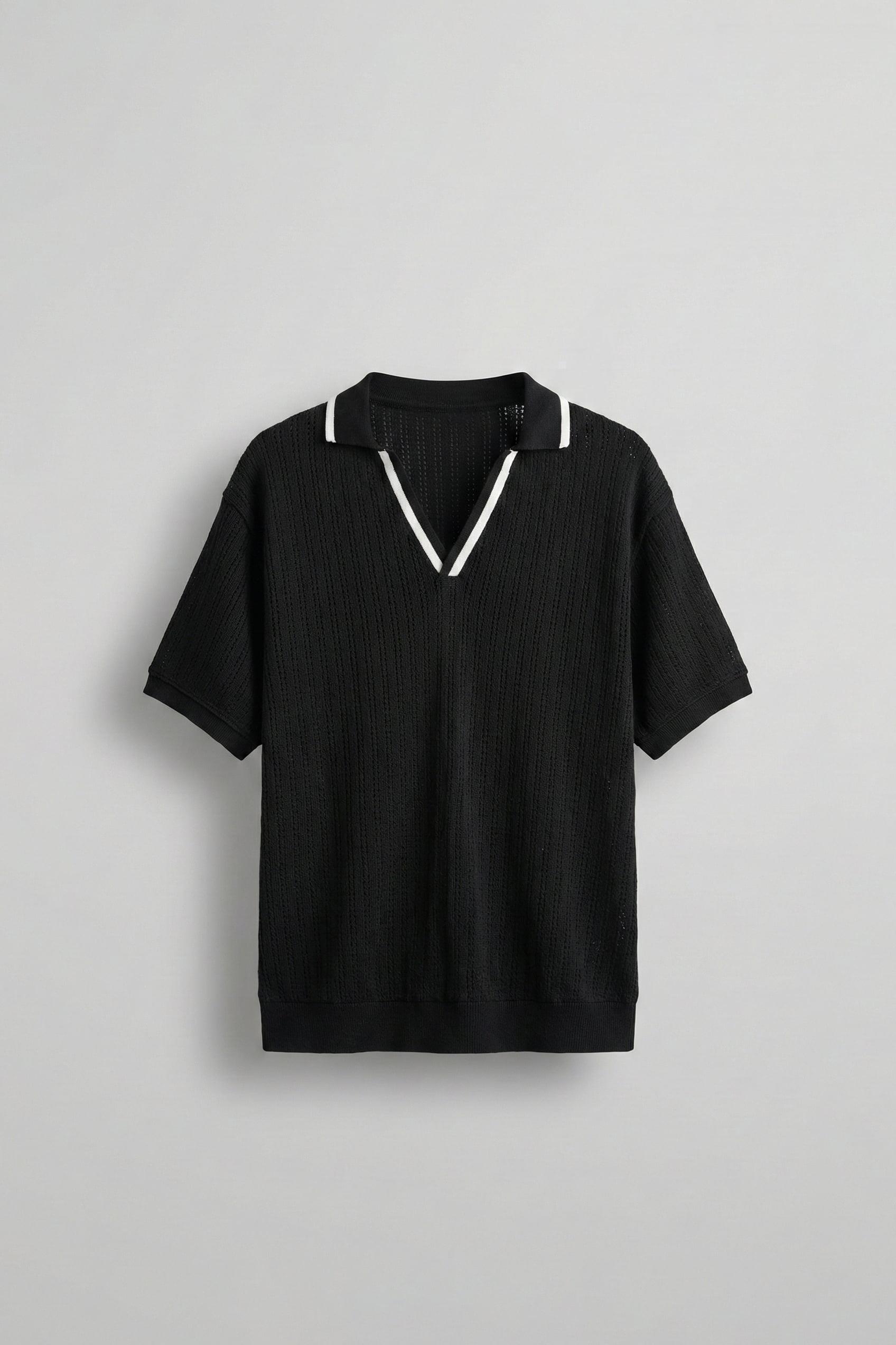 Erkek Yarım Pat V Yaka Desenli Triko T-Shirt Siyah Beyaz