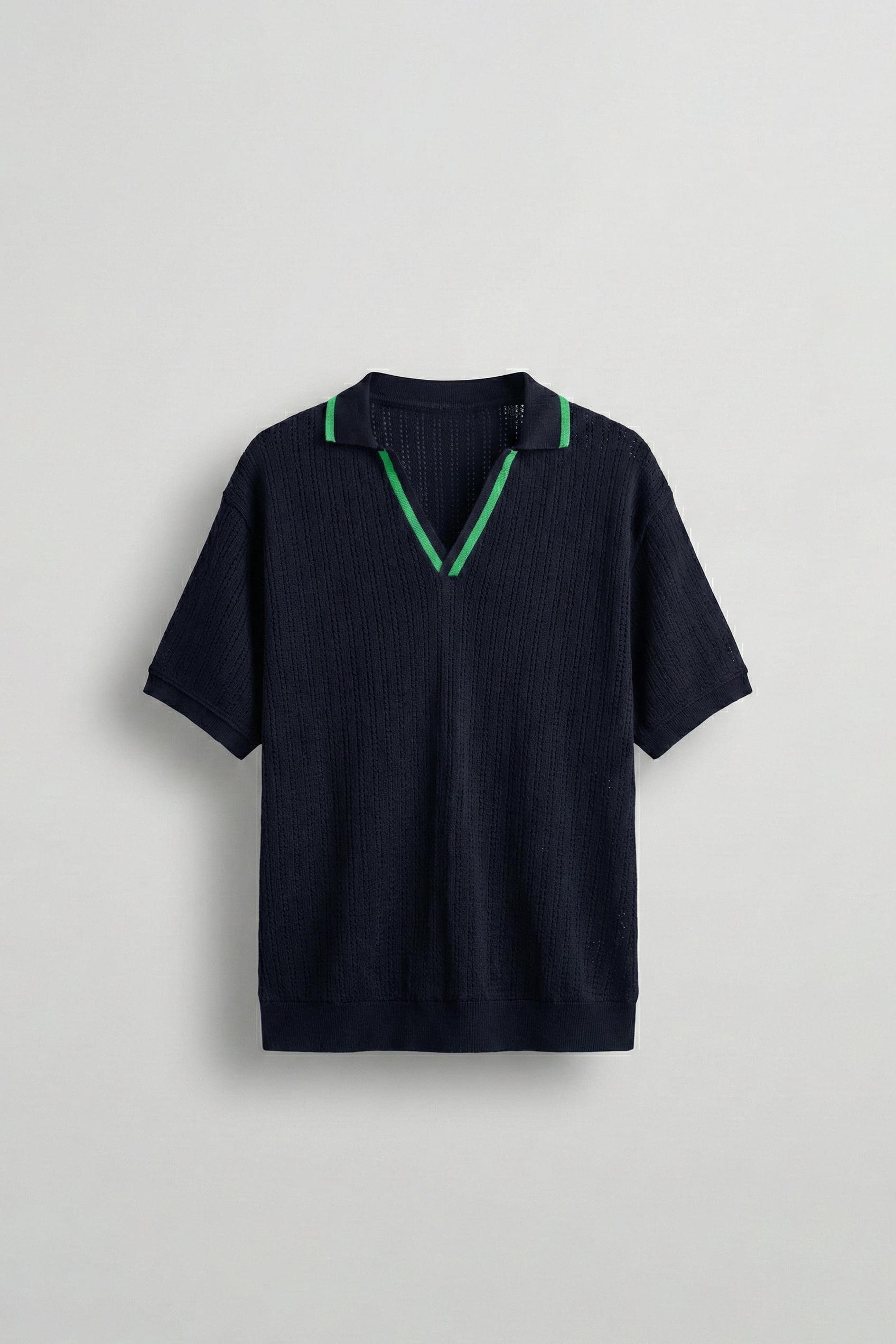 Erkek Yarım Pat V Yaka Desenli Triko T-Shirt Lacivert Yeşil