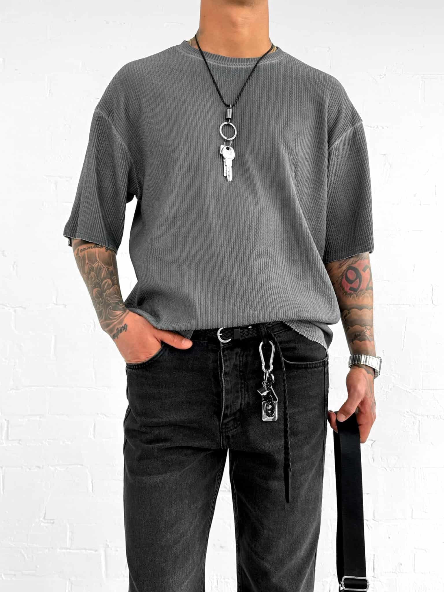 Erkek Yıkamalı Fitilli Oversize T-Shirt Siyah · 3