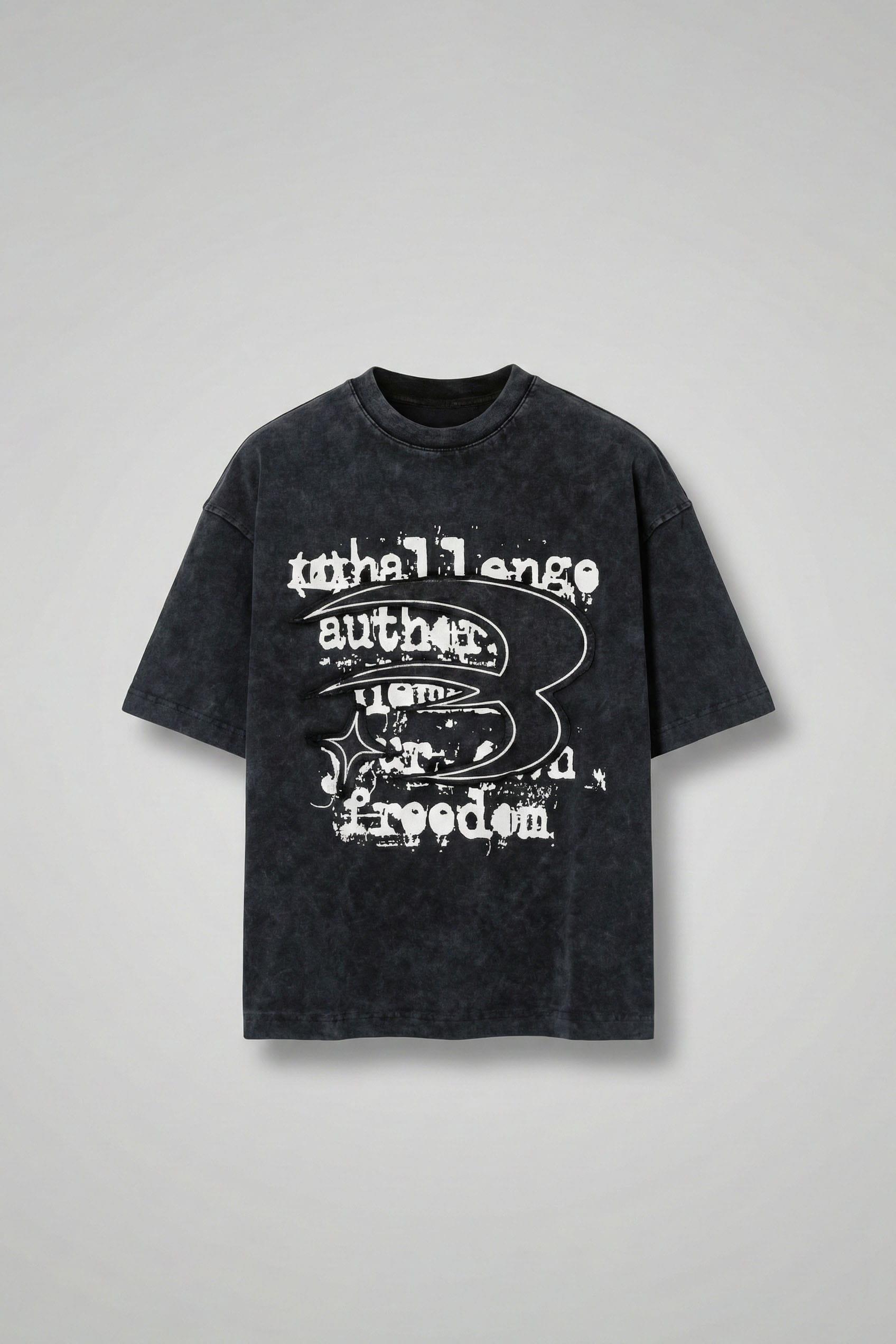 Erkek Yıkamalı İşlemeli Oversize Baskılı Premium T-Shirt Siyah