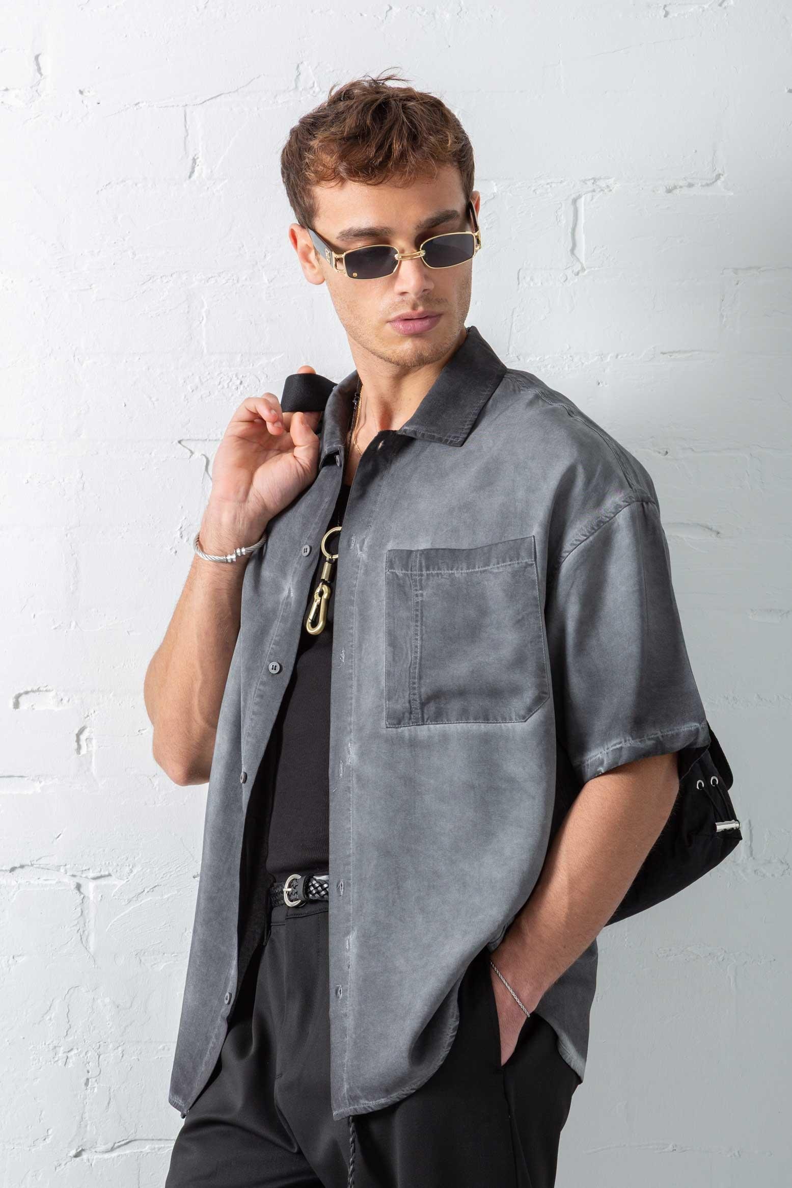 Erkek Yıkamalı Kısa Kollu Oversize Tensel Gömlek Siyah