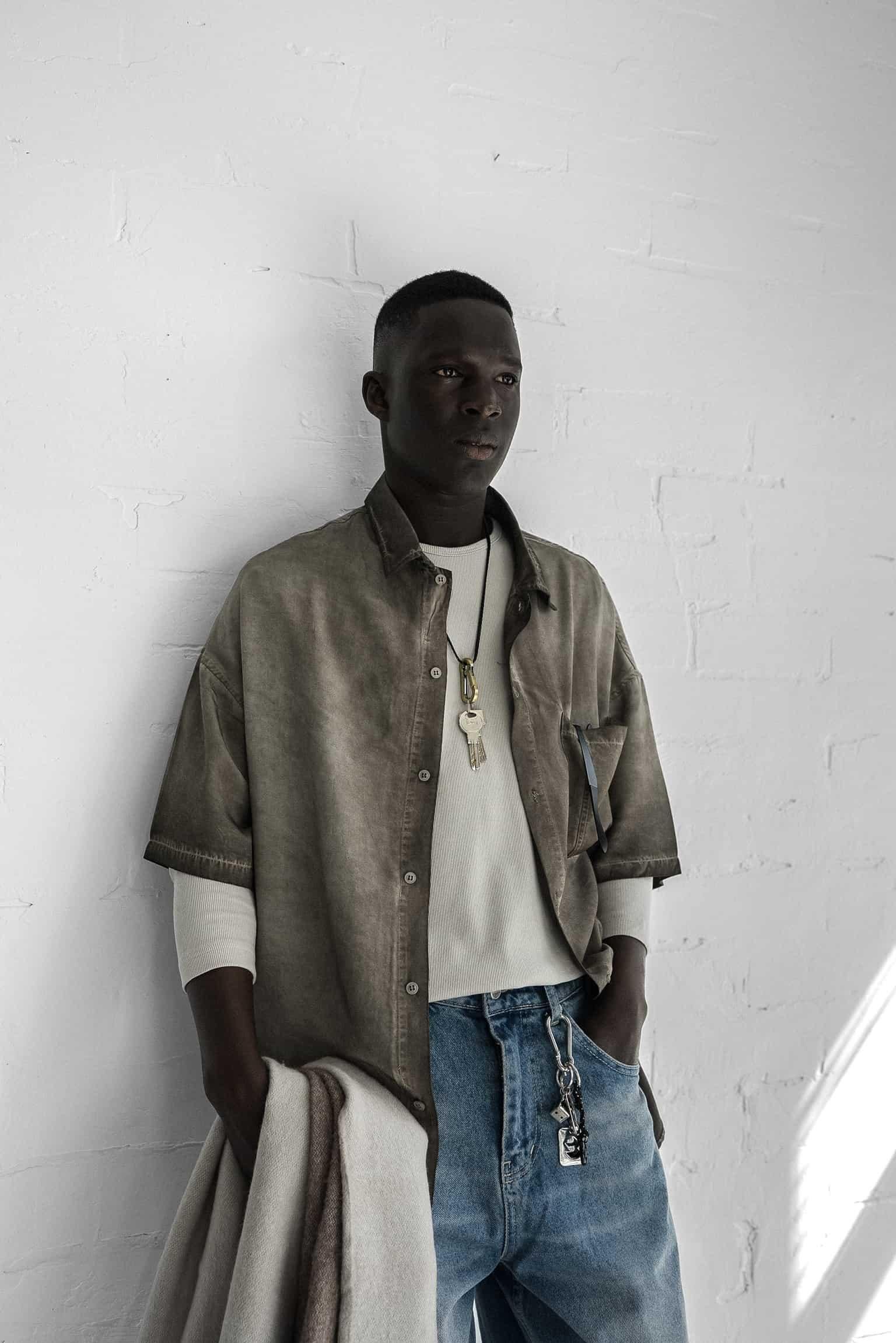 Erkek Yıkamalı Kısa Kollu Oversize Tensel Gömlek Kahverengi