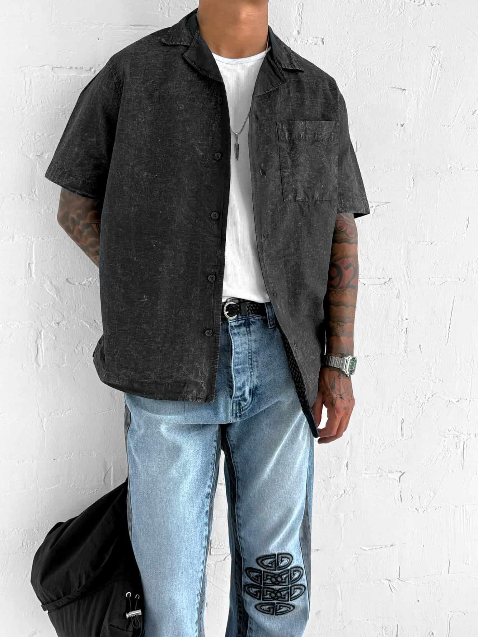 Erkek Yıkamalı Küba Yaka Oversize Kısa Kollu Gömlek Siyah