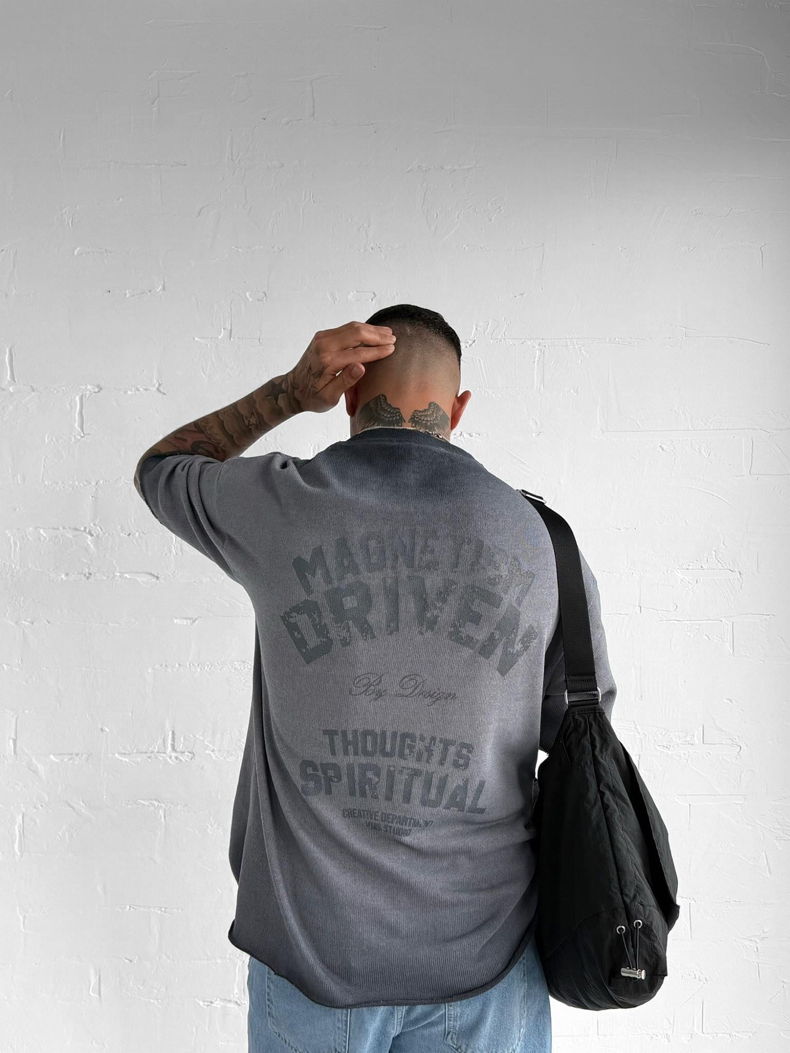 Erkek Yıkamalı Örme Premium Oversize T-Shirt Gri · 3