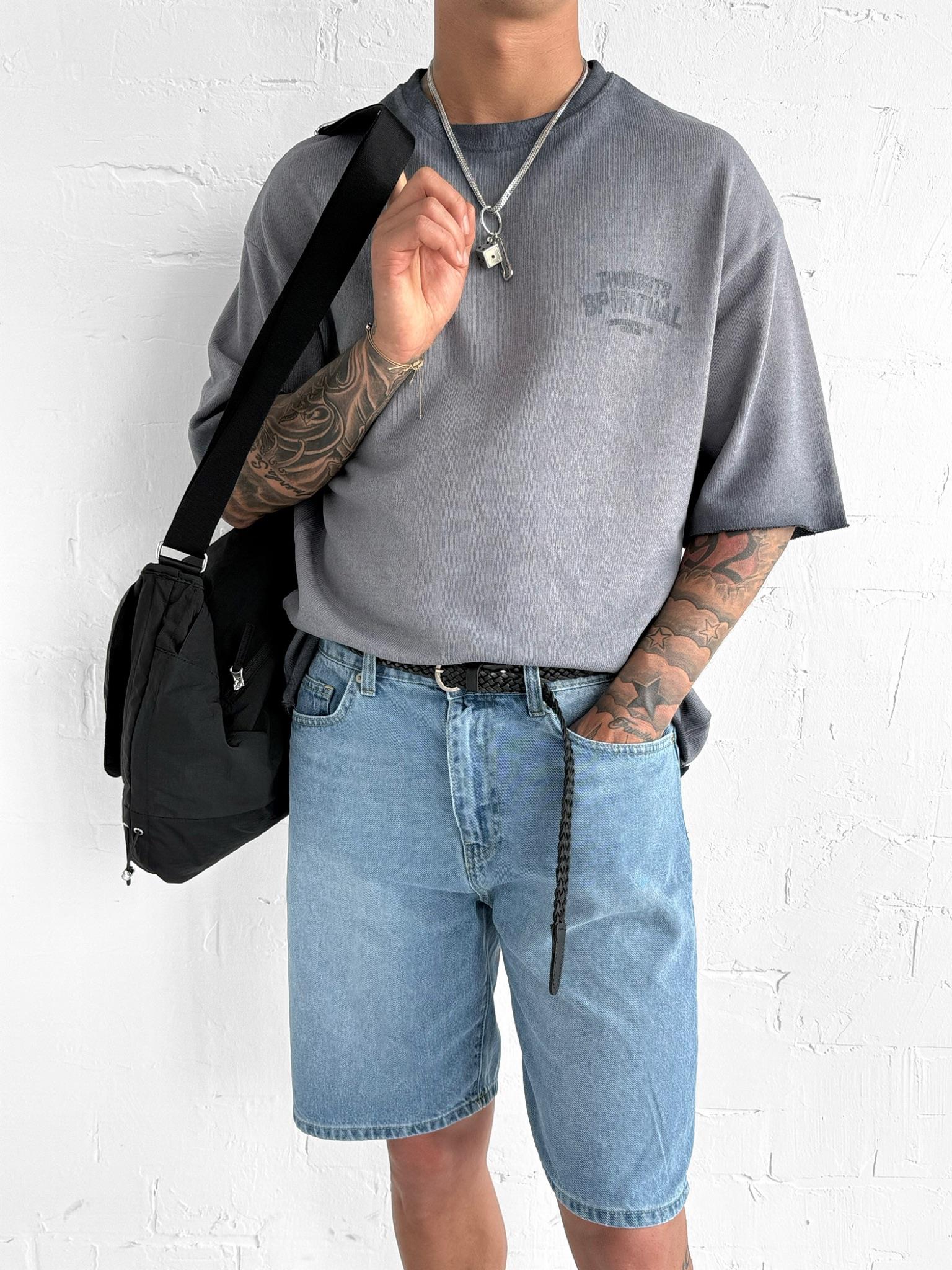Erkek Yıkamalı Örme Premium Oversize T-Shirt Gri · 4