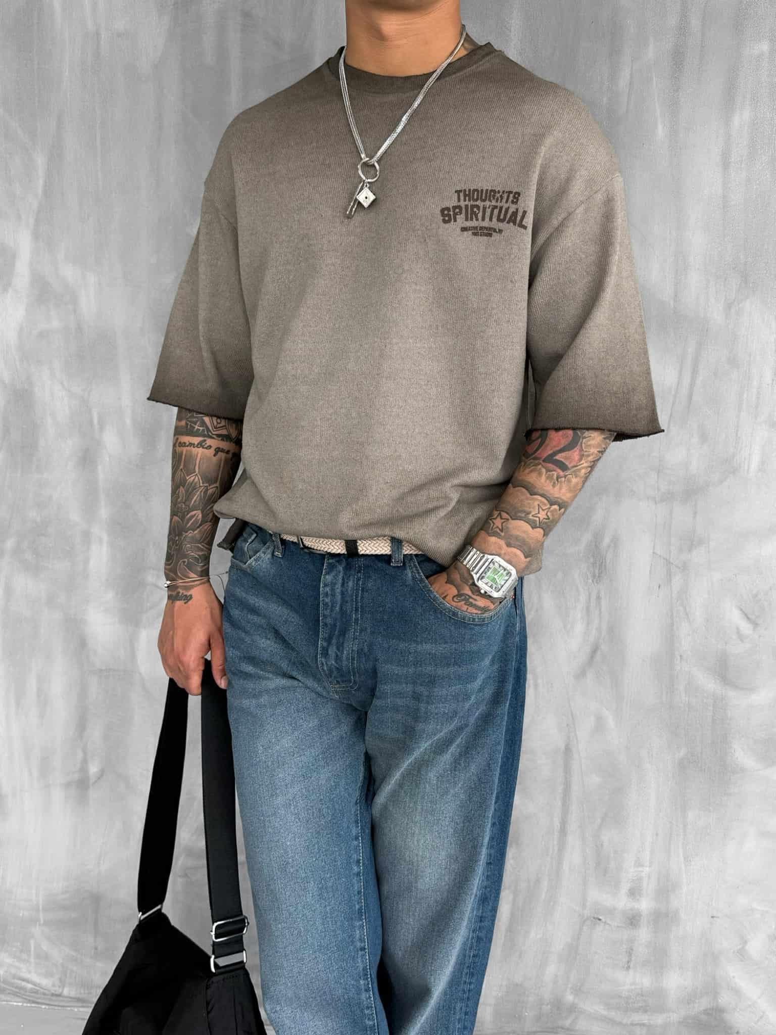 Erkek Yıkamalı Örme Premium Oversize T-Shirt Kahve · 3