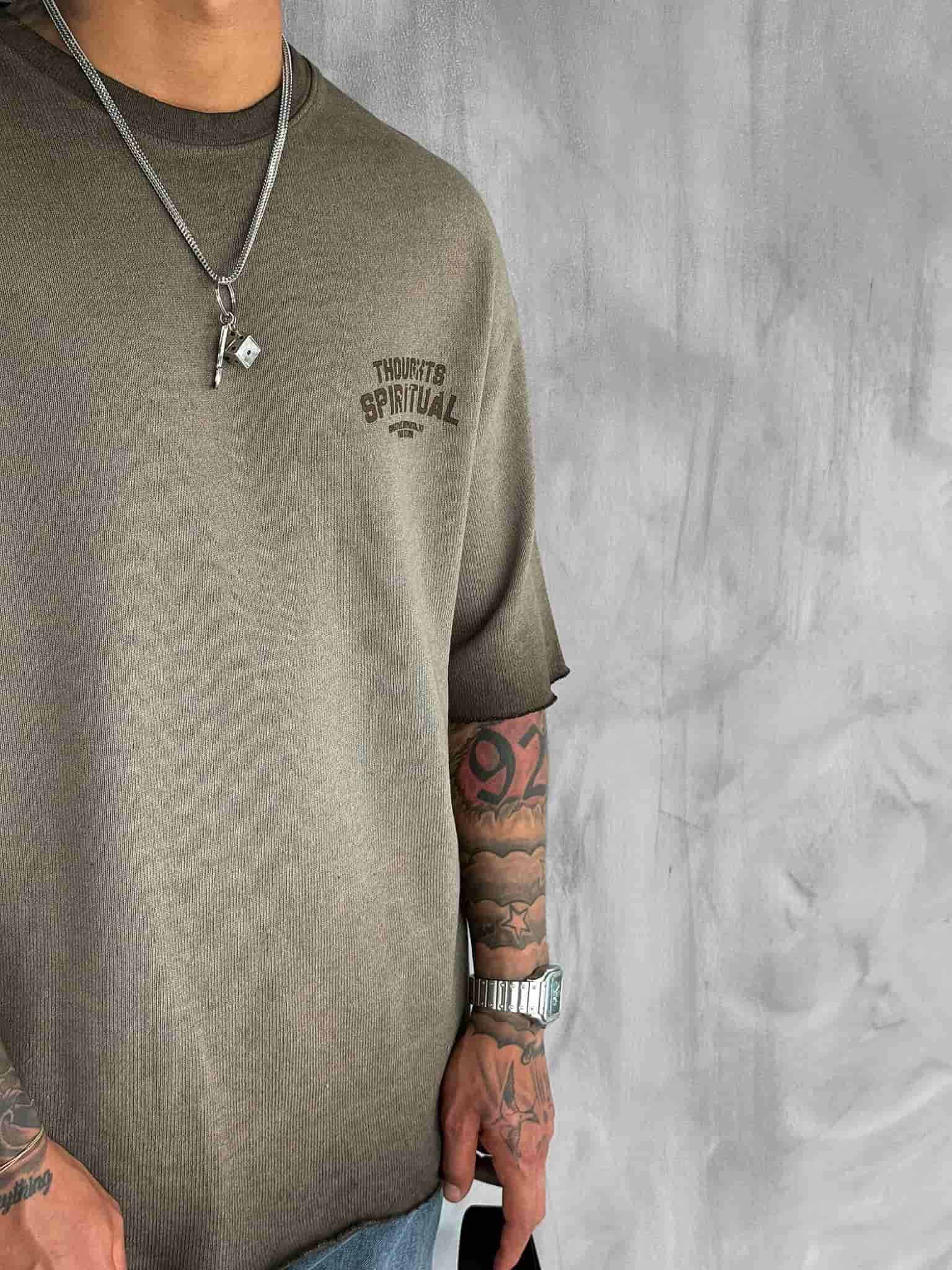 Erkek Yıkamalı Örme Premium Oversize T-Shirt Kahve · 4