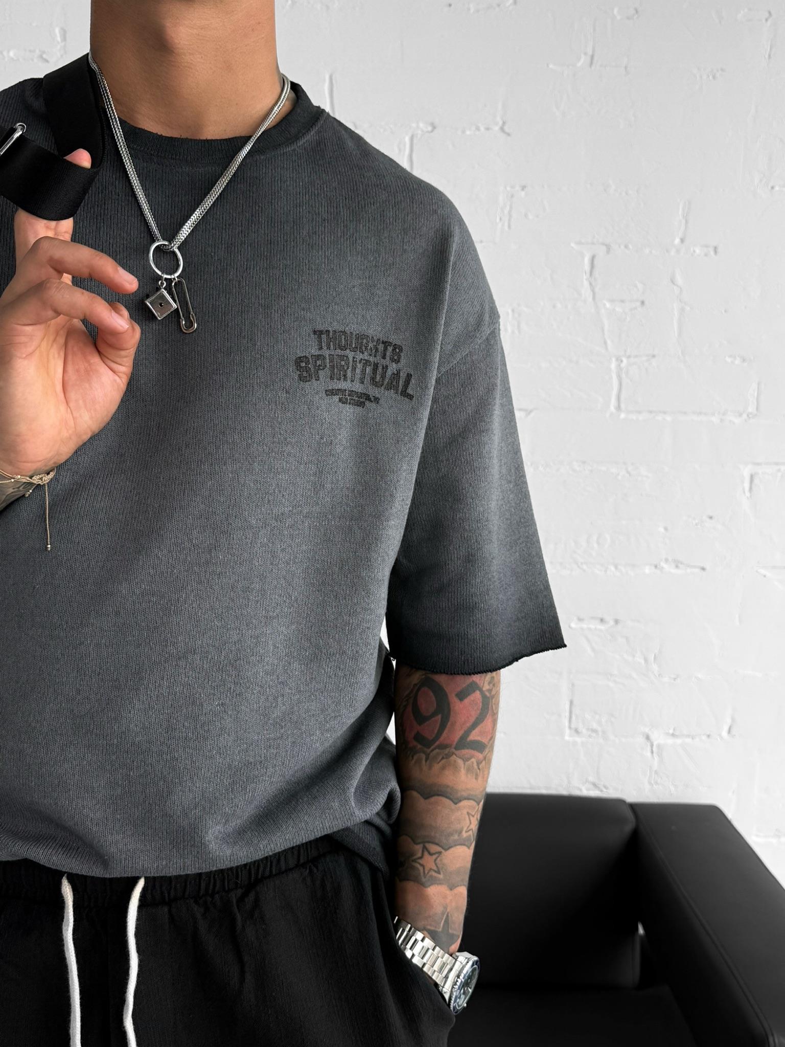 Erkek Yıkamalı Örme Premium Oversize T-Shirt Siyah · 5