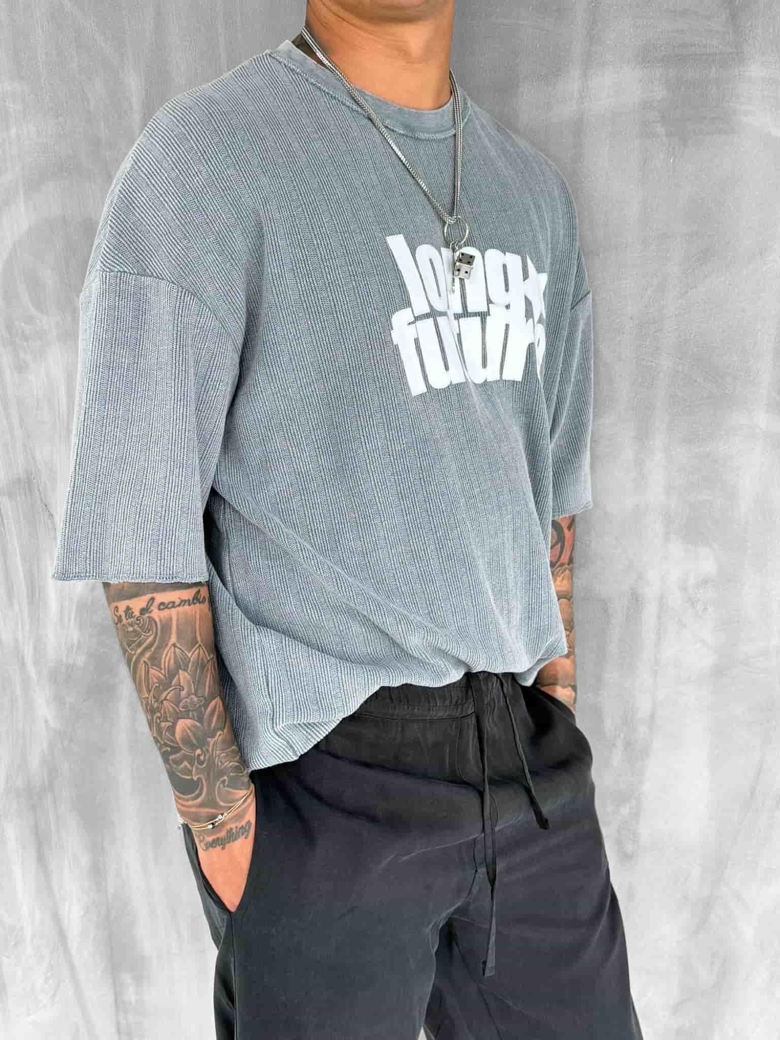 Erkek Yıkamalı Ribana Kumaş Oversize T-Shirt Gri · 4