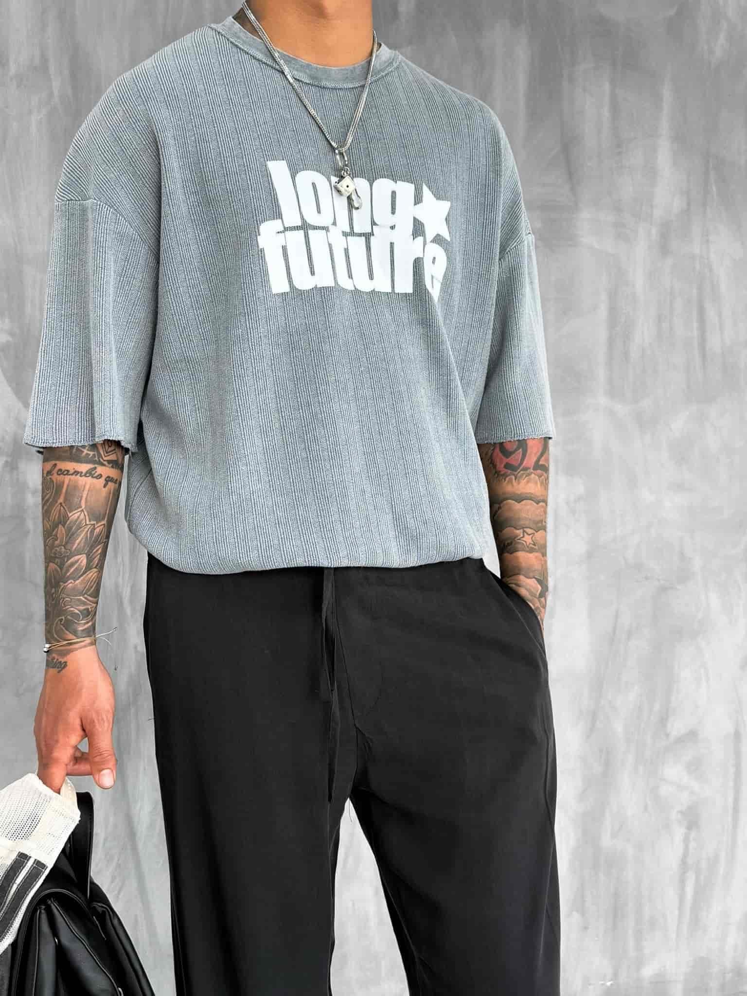 Erkek Yıkamalı Ribana Kumaş Oversize T-Shirt Gri · 3