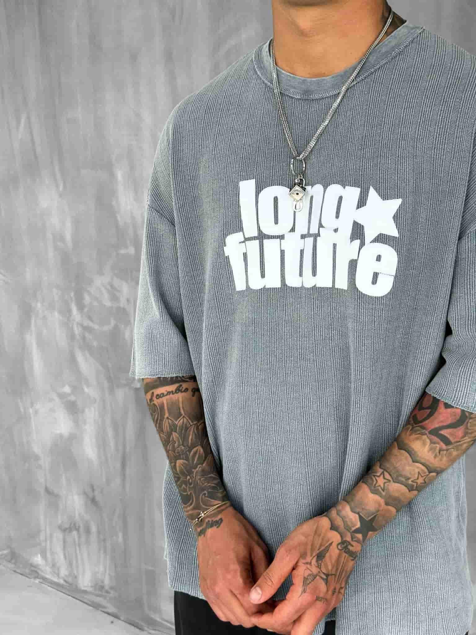 Erkek Yıkamalı Ribana Kumaş Oversize T-Shirt Gri · 5