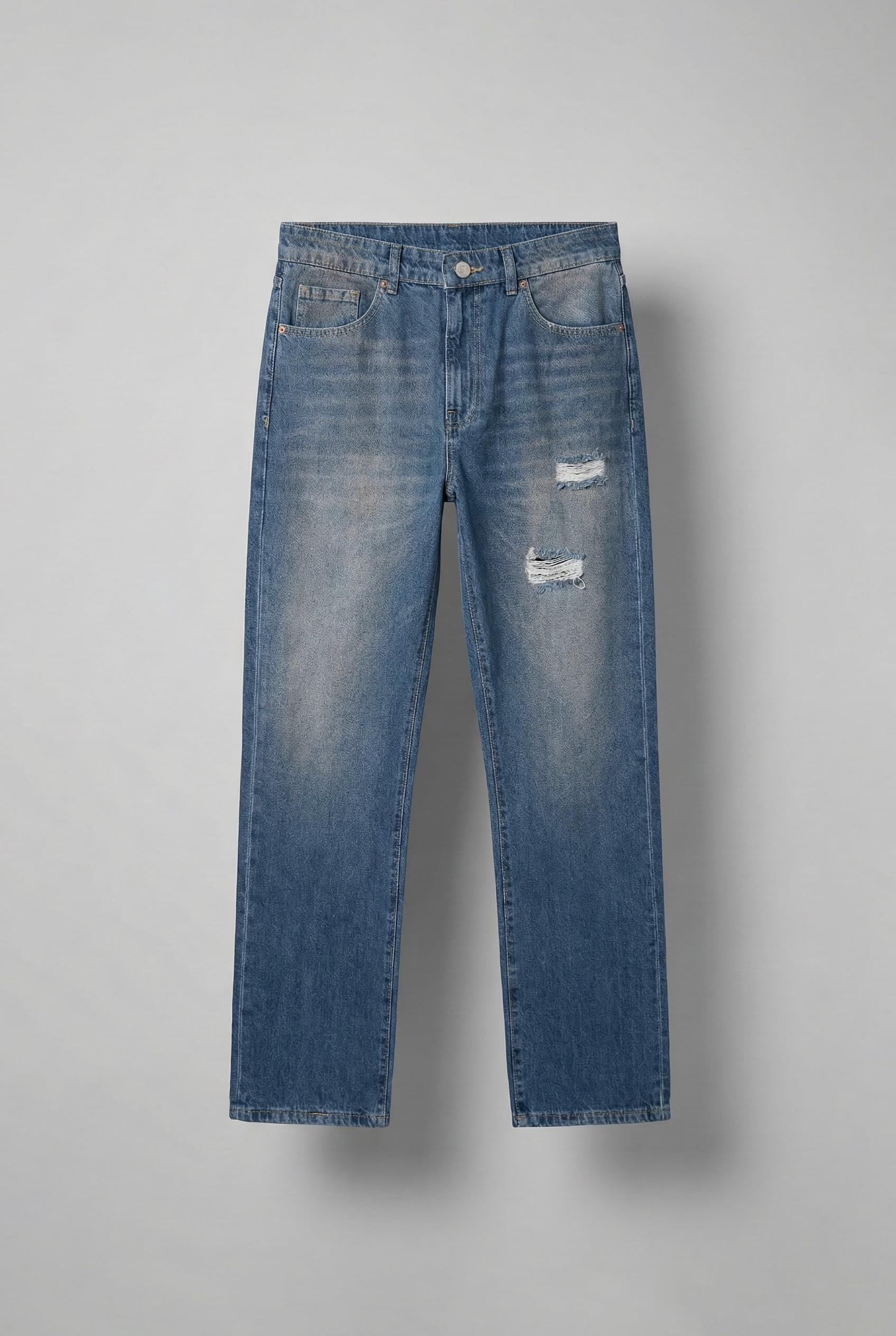 Erkek Yırtık Soluk Efektli Baggy Fit Jean Mavi