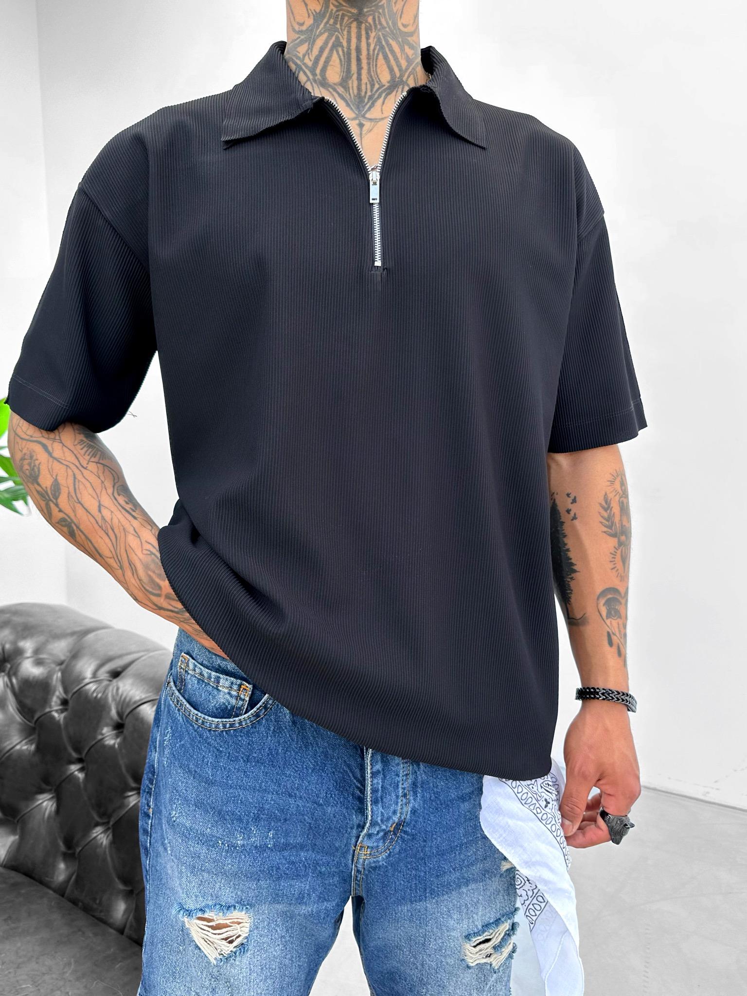 Fermuarlı Polo Yaka T-Shirt Siyah