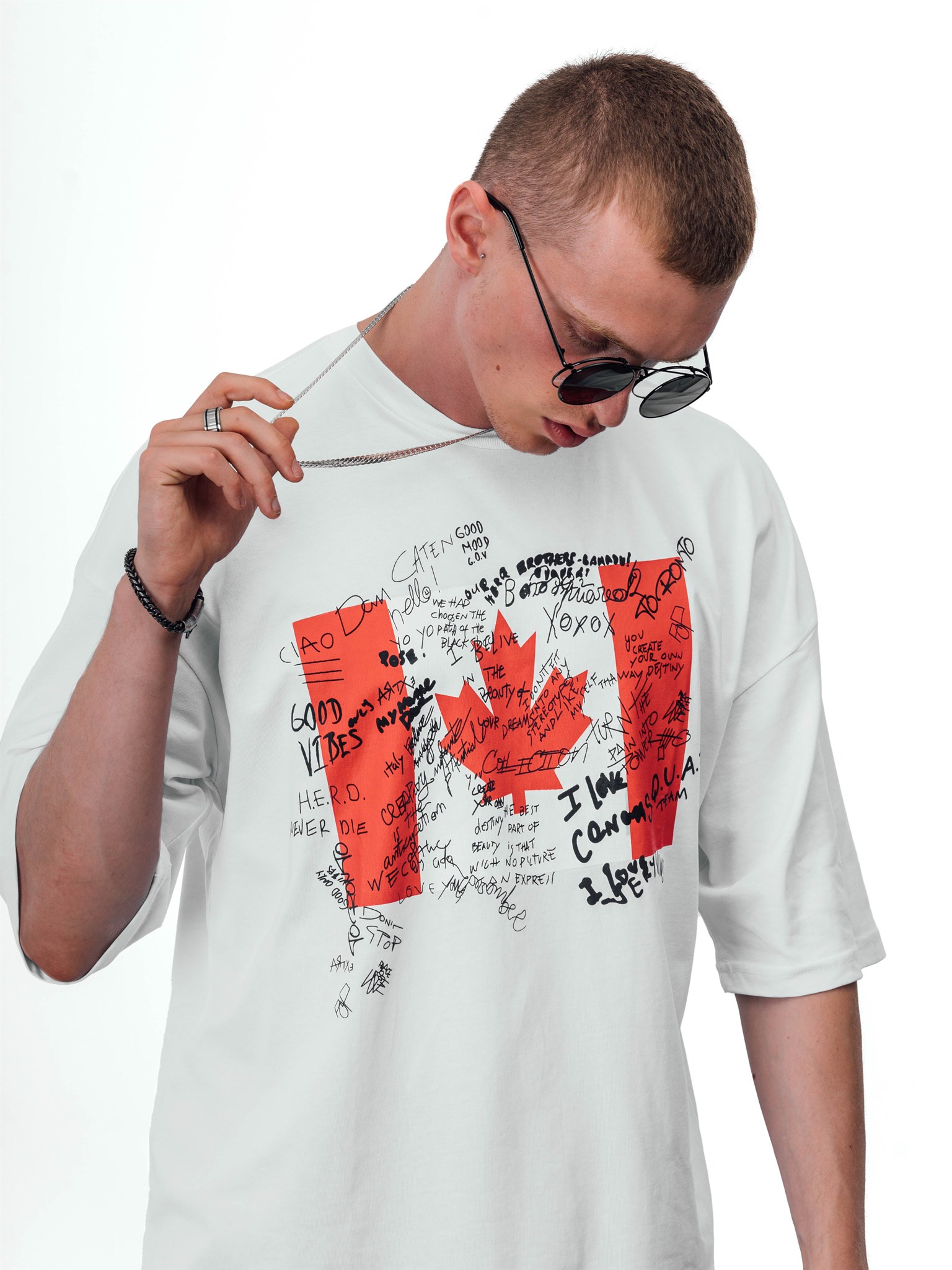 Erkek Kanada Bayrak Baskılı Oversize T-Shirt Beyaz
