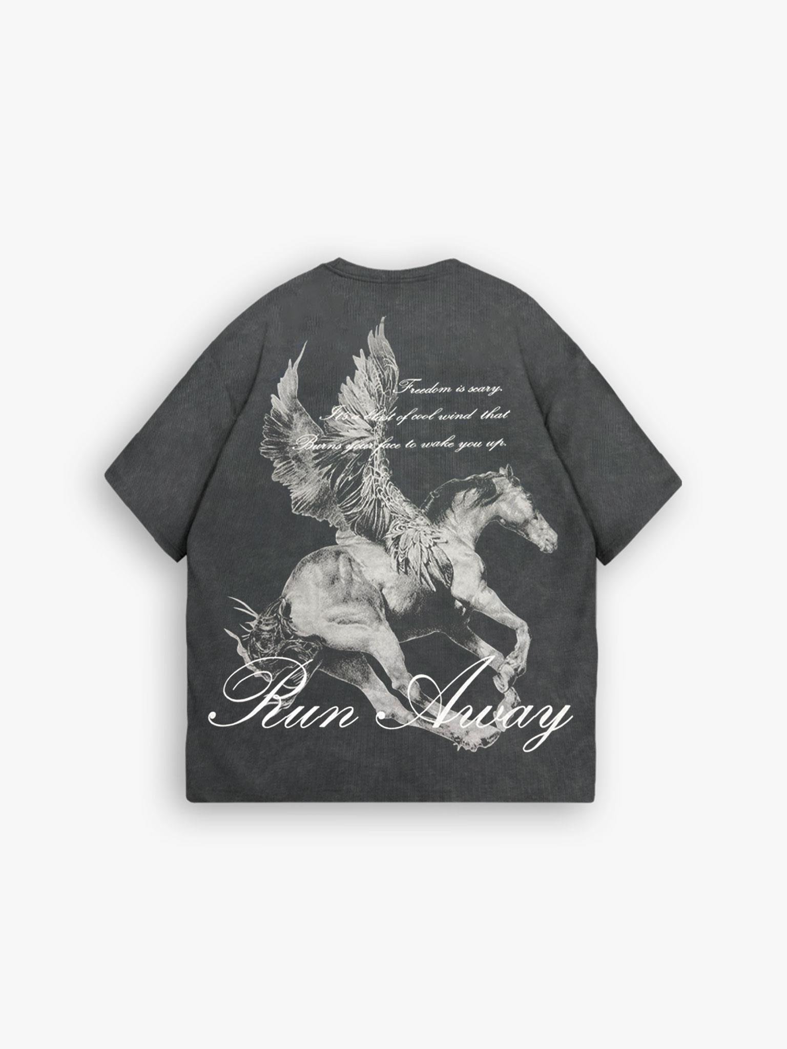Oversize %100 Pamuk Yıkamalı Run Away Baskılı T-Shirt Koyu Gri
