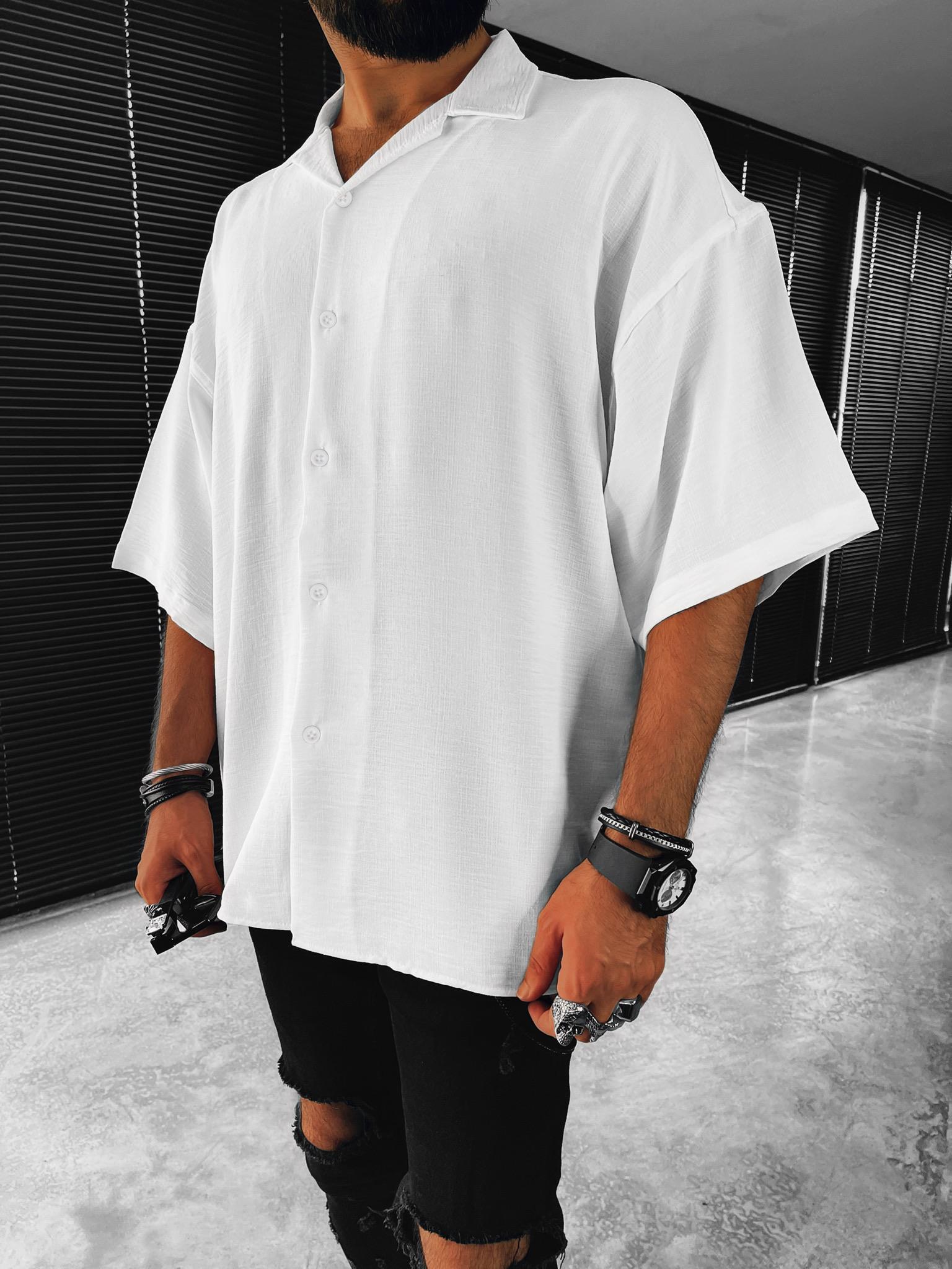 Erkek Oversize Basic Kısa Kollu Gömlek Beyaz