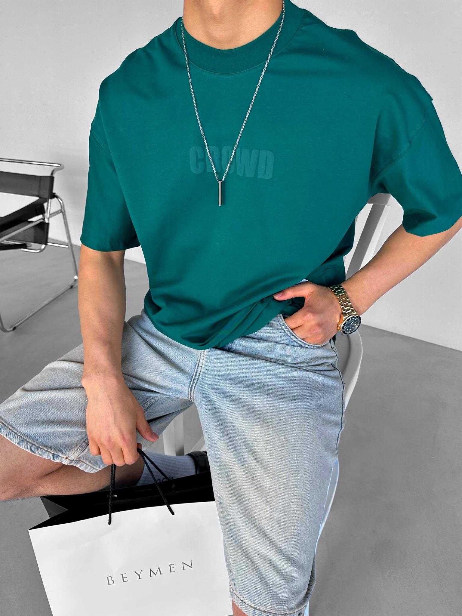 Oversize Bisiklet Yaka 'Crowd' Baskılı T-Shirt Yeşil