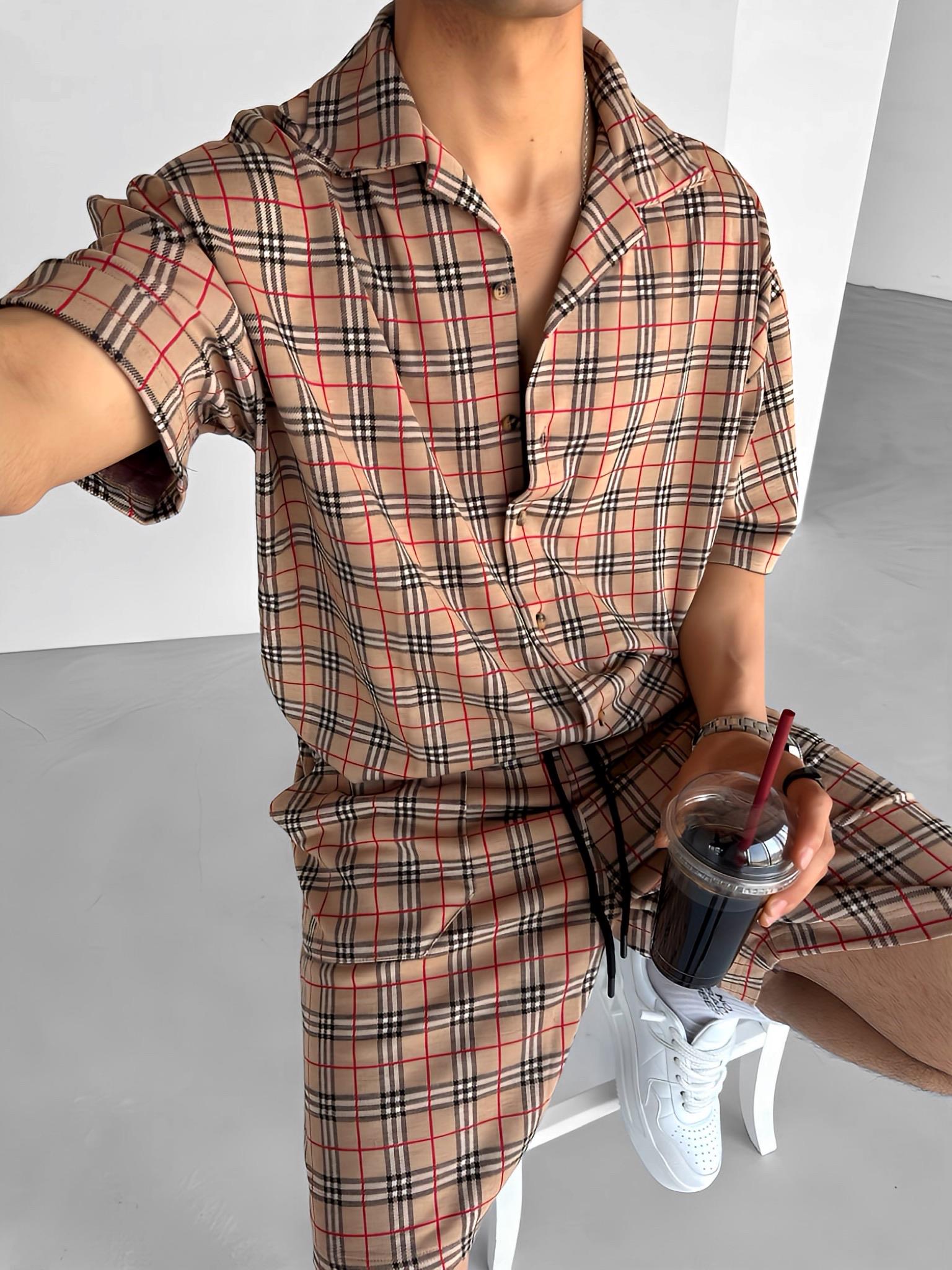 Oversize Fit Küba Yaka Baklava Desenli Gömlek Kahverengi