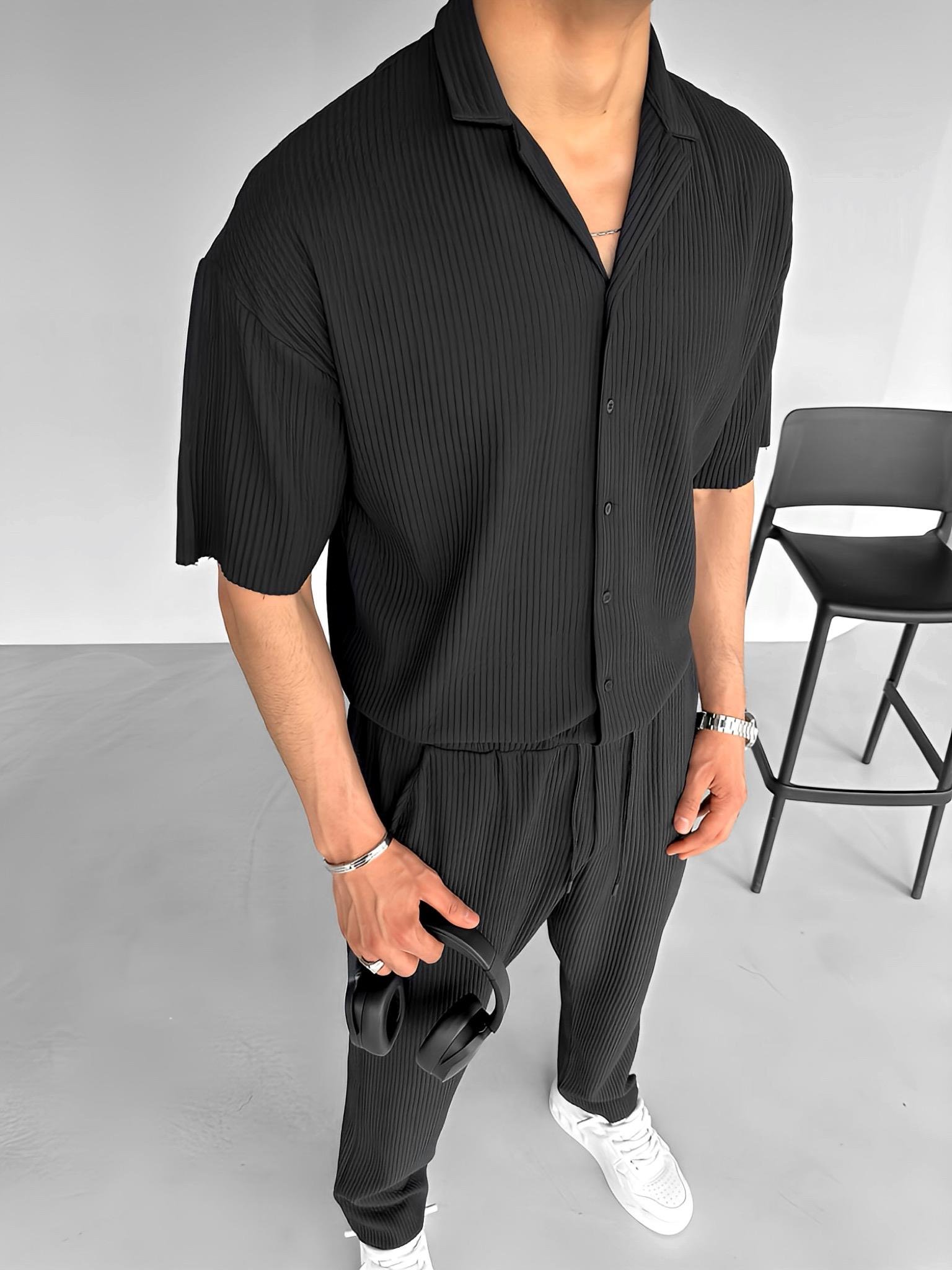 Oversize Fitilli Küba Yaka Gömlek Siyah