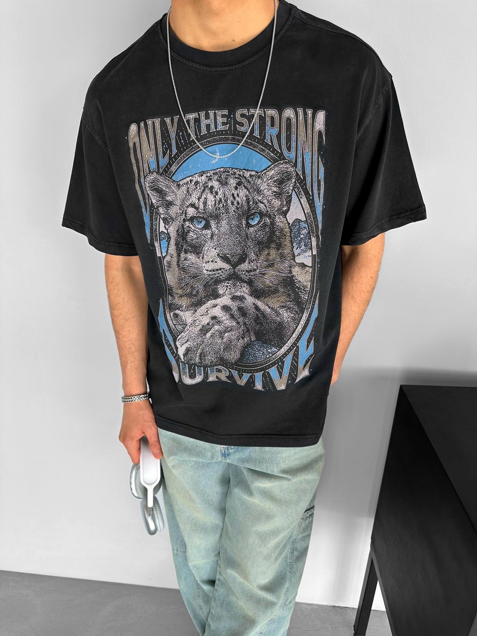 Oversize Kaplan Baskılı T-Shirt Siyah