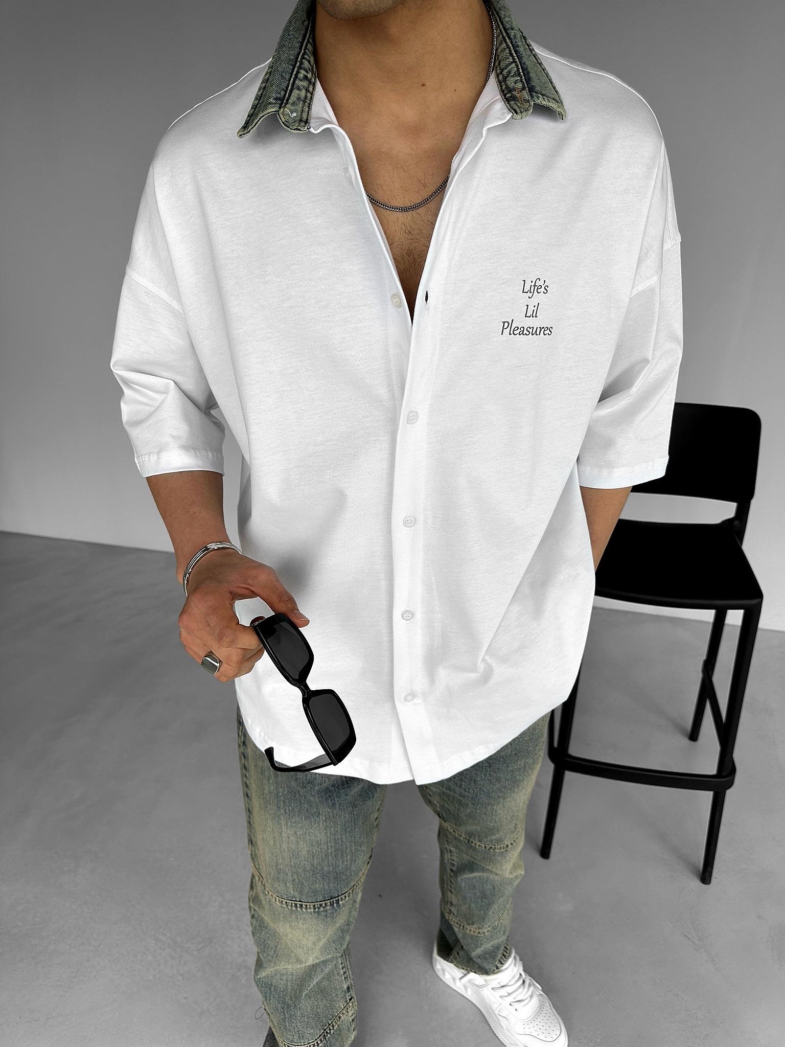 Oversize Kot Yakalı Baskılı Gömlek Beyaz