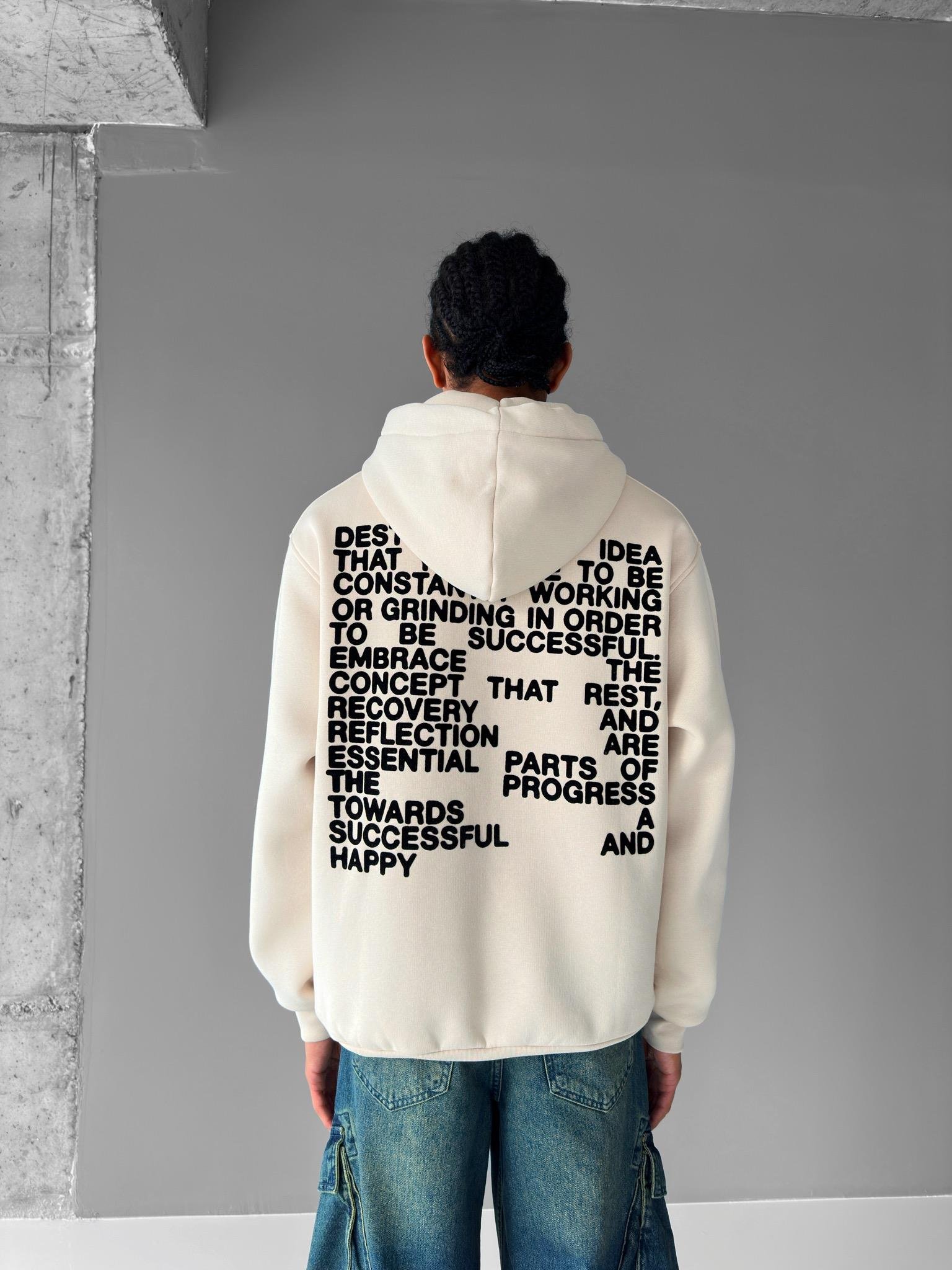 Oversize 'Life.' Baskılı Hoodie Bej
