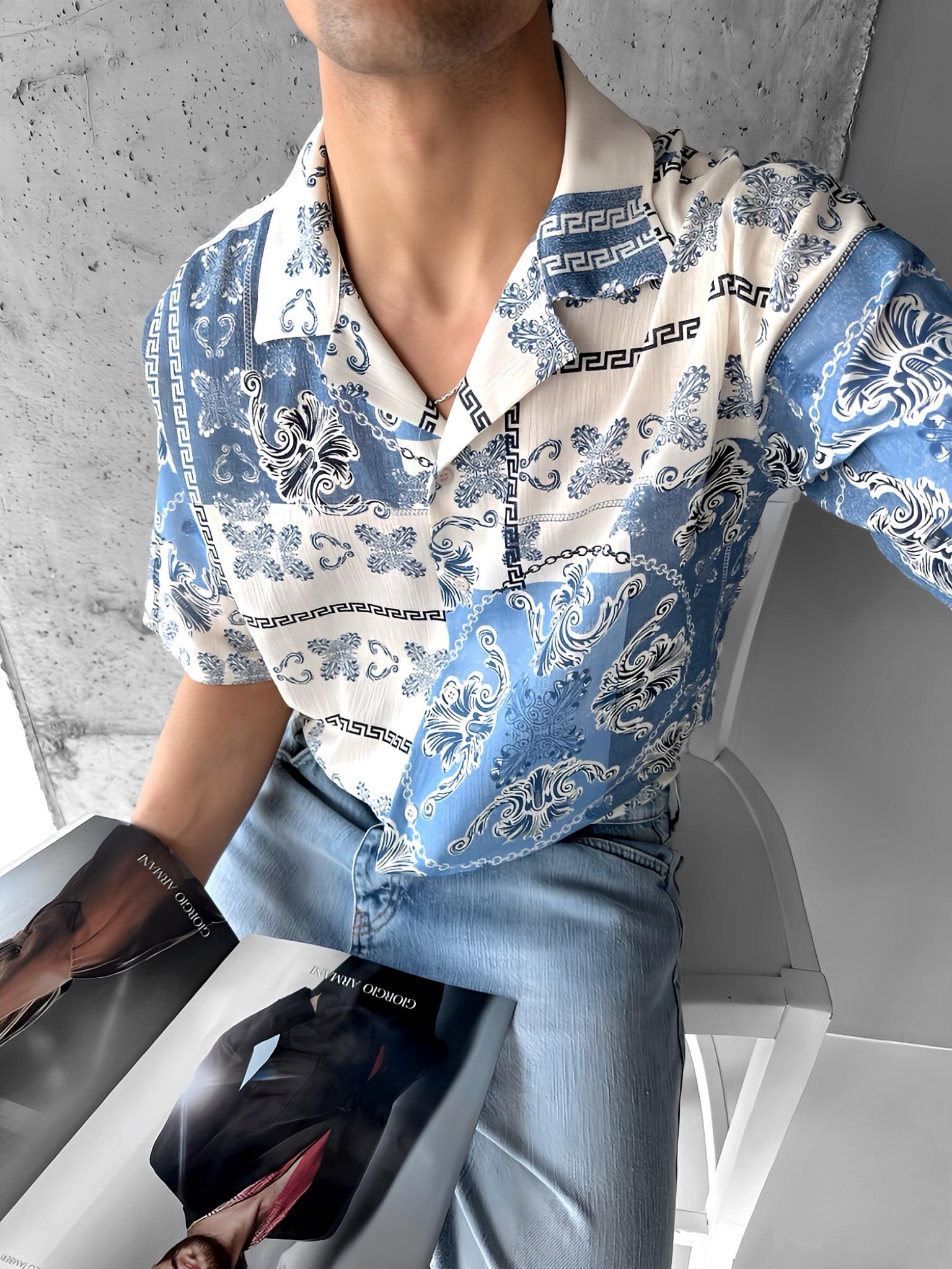 Oversize Motifli Küba Yaka Keten Gömlek Açık Mavi