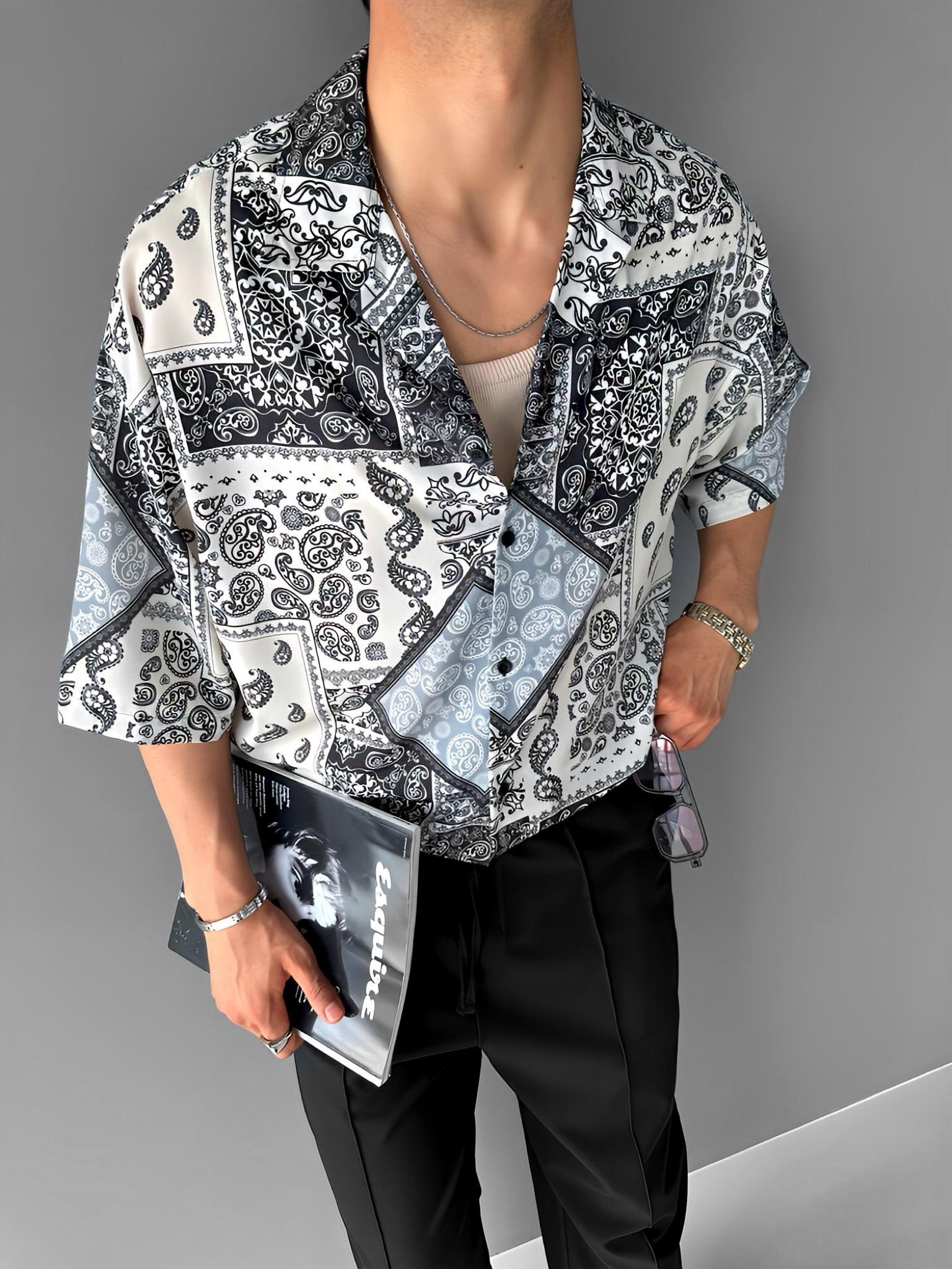 Oversize Motifli Küba Yaka Kısa Kol Gömlek Haki Yeşil