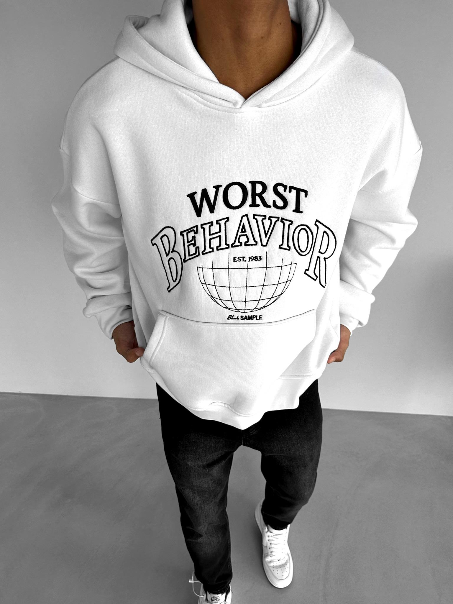 Erkek Oversize Nakışlı Kapüşonlu Sweatshirt Beyaz