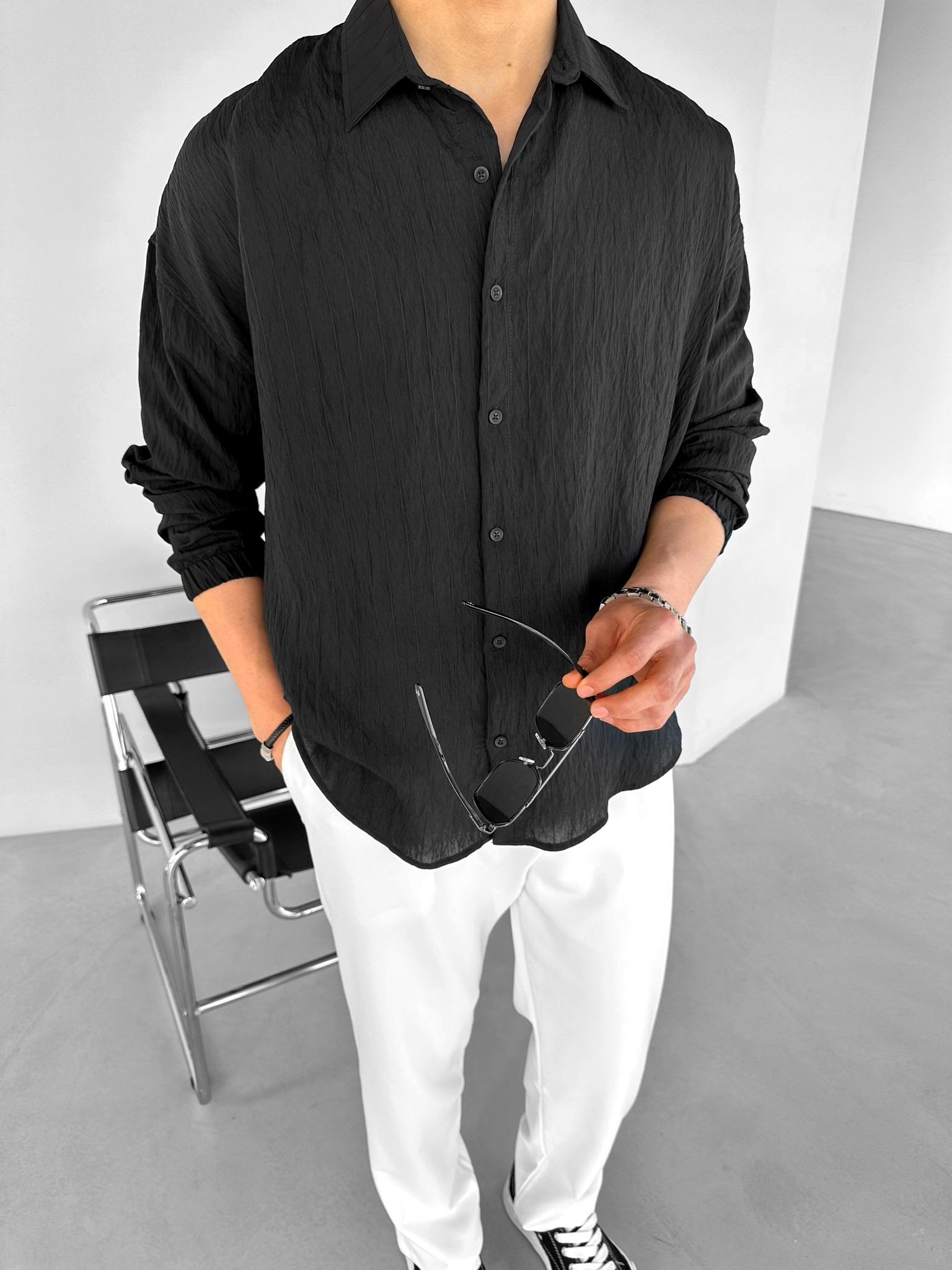 Oversize Special Dokulu Uzun Kollu Gömlek Siyah