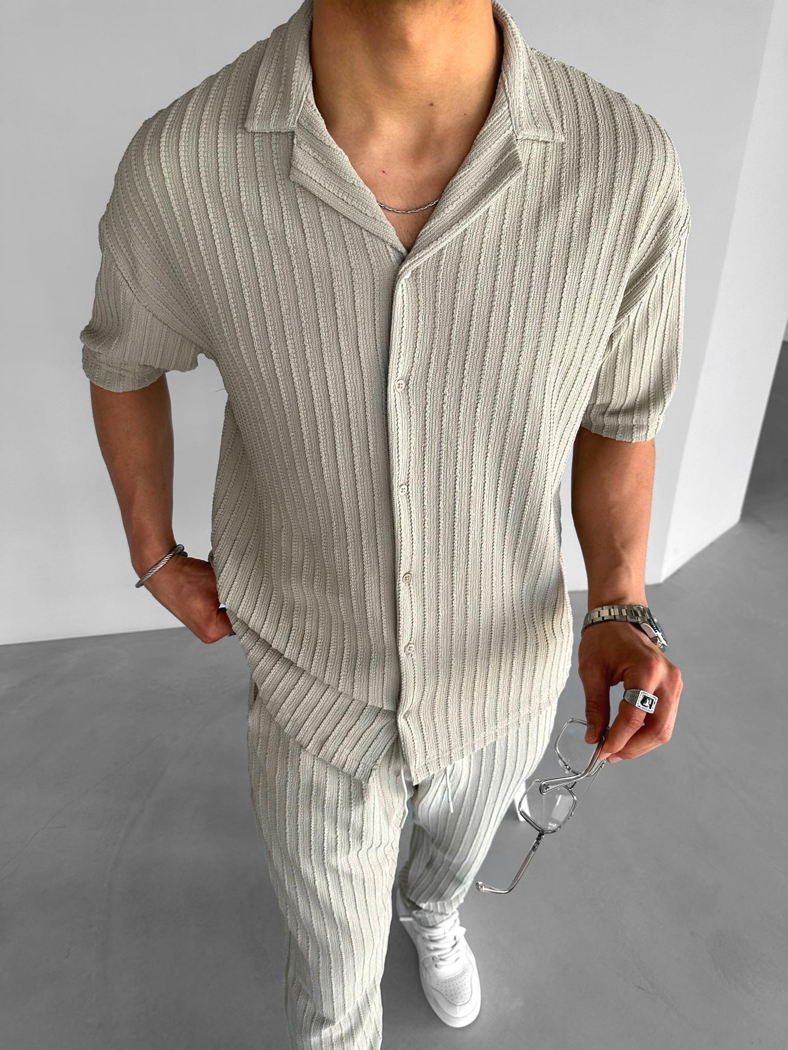 Regular Fit Desenli Triko Gömlek Gri