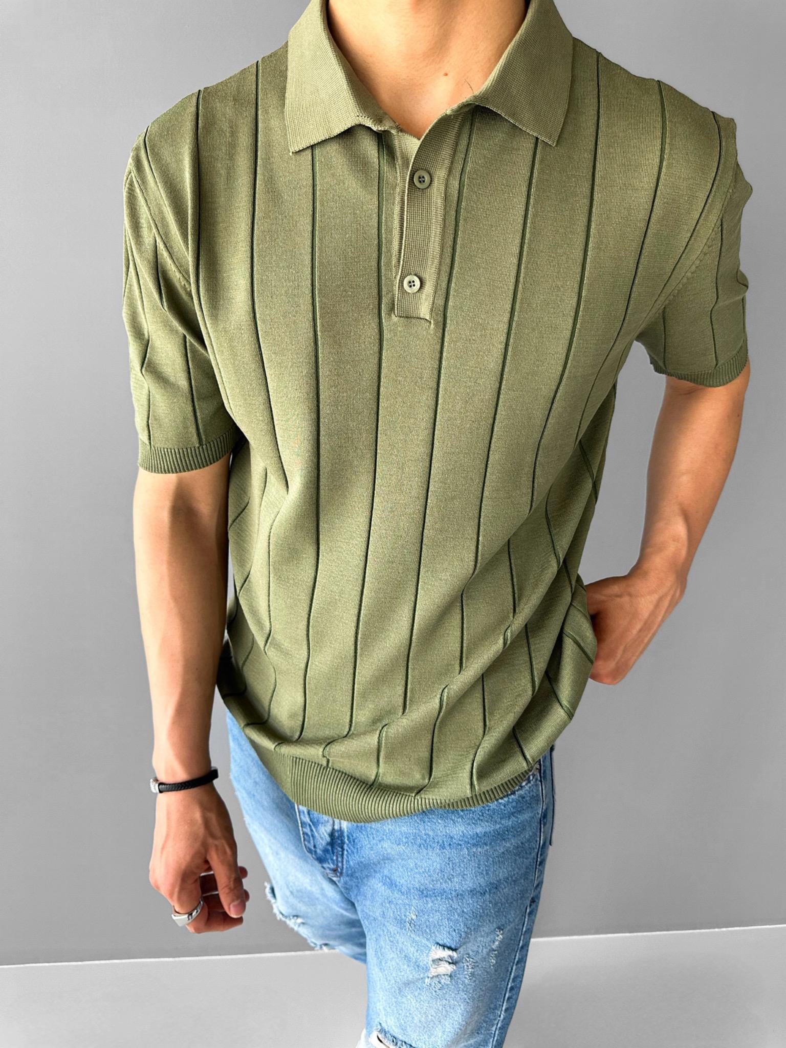 Slim Fit Polo Yaka Esneki Triko T-Shirt Yeşil