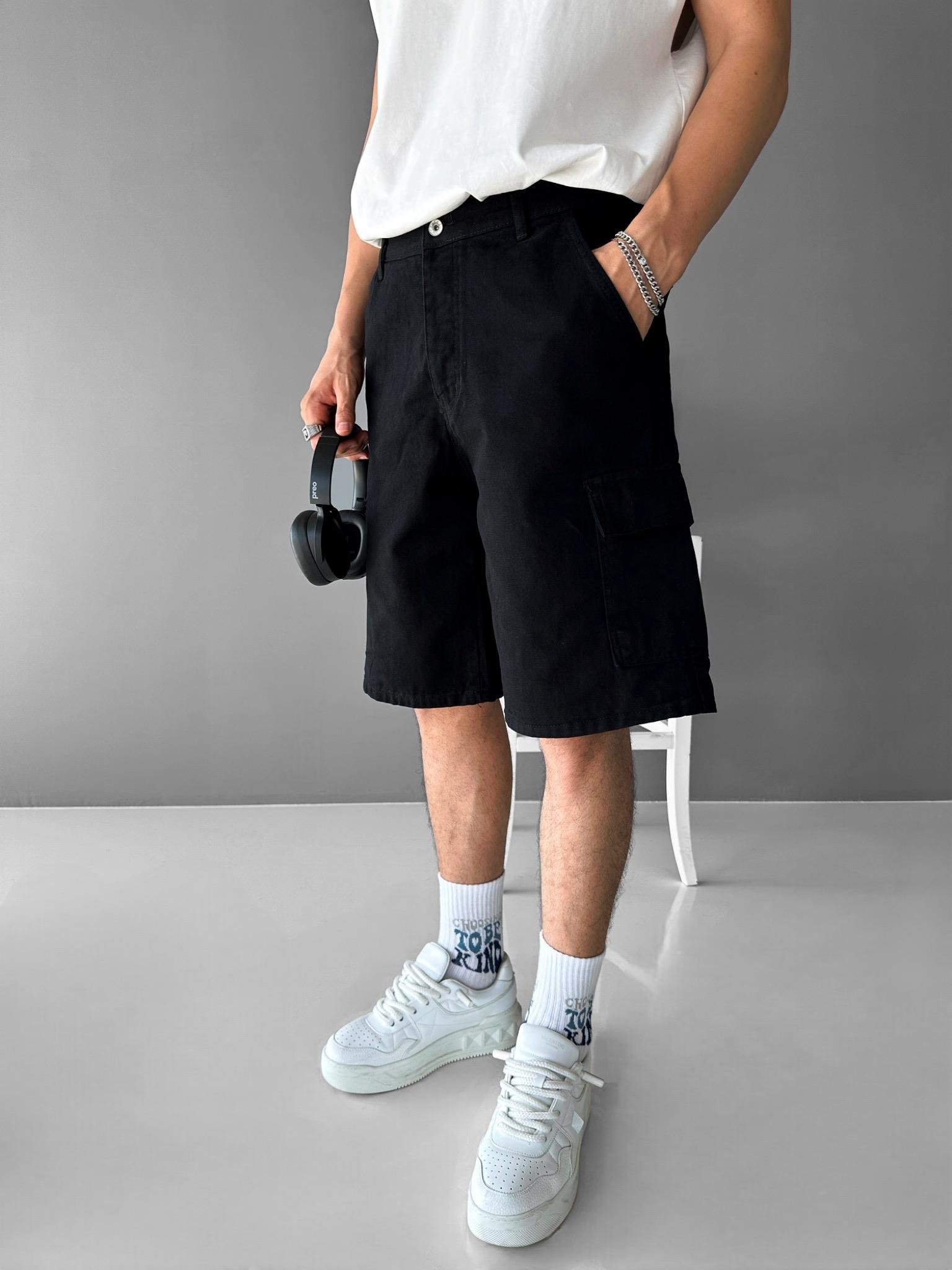 Süper Baggy Fit Kargo Cepli Şort Siyah
