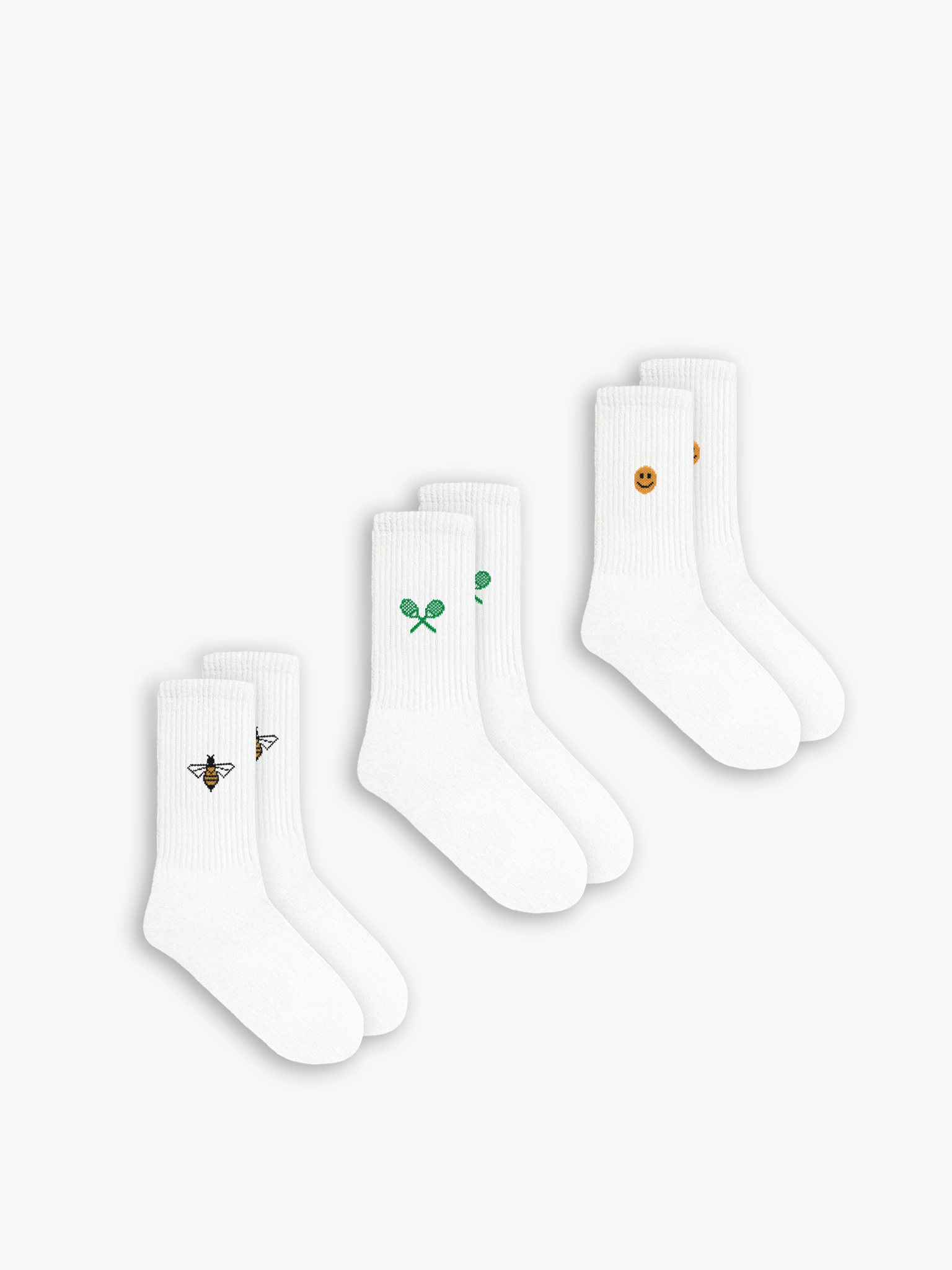 Erkek Emoji Desen Baskılı 3'Lü Uzun Kolej Tenis Çorap Beyaz