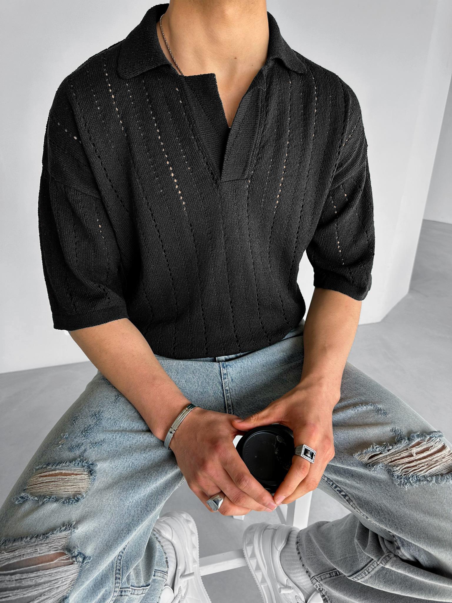 Yarım Pat Gömlek Yaka Desenli Oversize Triko T-Shirt Siyah