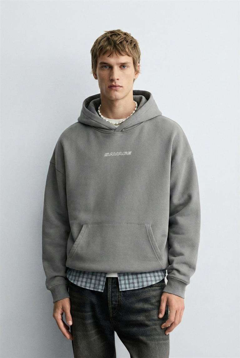 Unisex Oversize Grafik Baskılı Kalın Kapüşonlu Sweatshirt Gri | ABLUKA