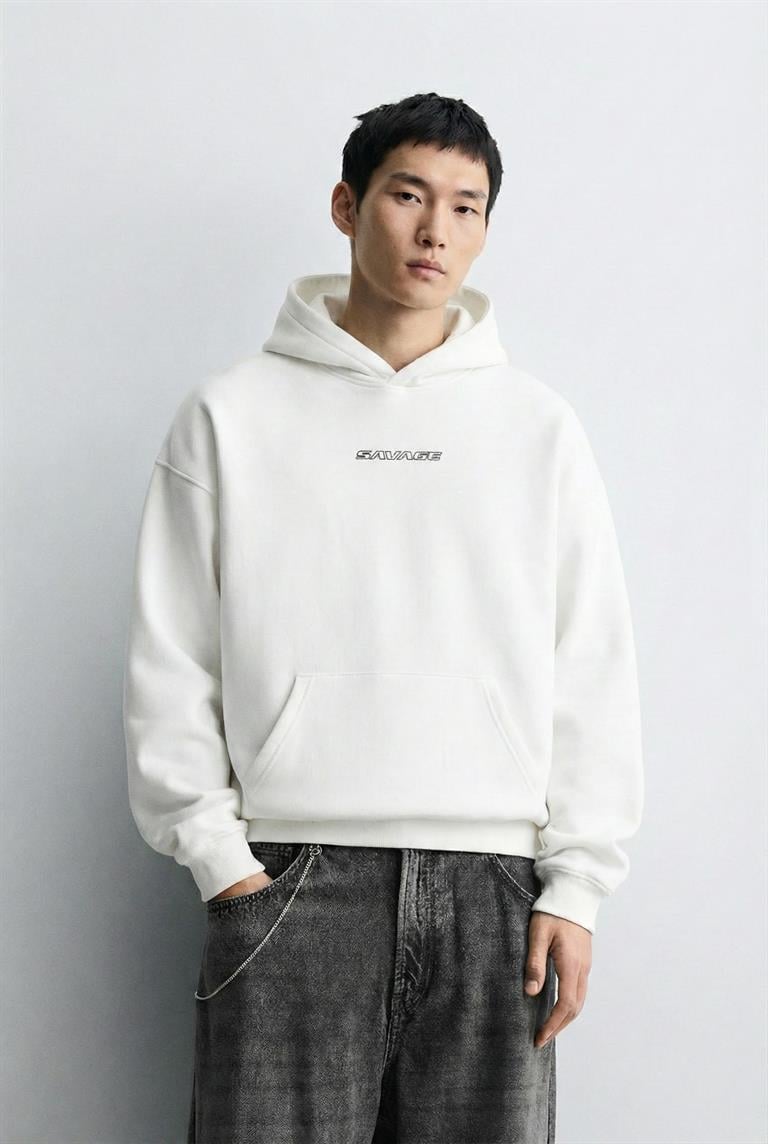 Unisex Oversize Savage Baskılı Kalın Hoodie Ekru | Abluka
