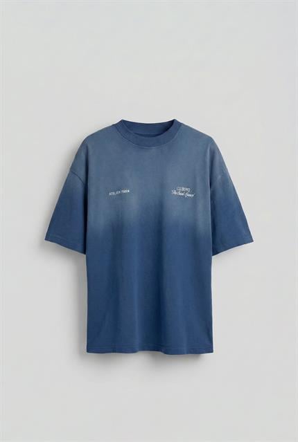 Erkek Renk Geçişli Baskılı Oversize Yıkamalı T-Shirt Koyu Mavi